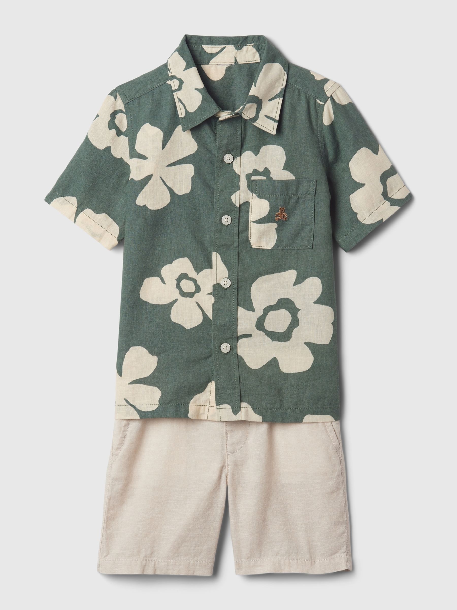 Green Linen-Cotton Shirt and Shorts Set (6mths-5yrs) - Image 1 of 2