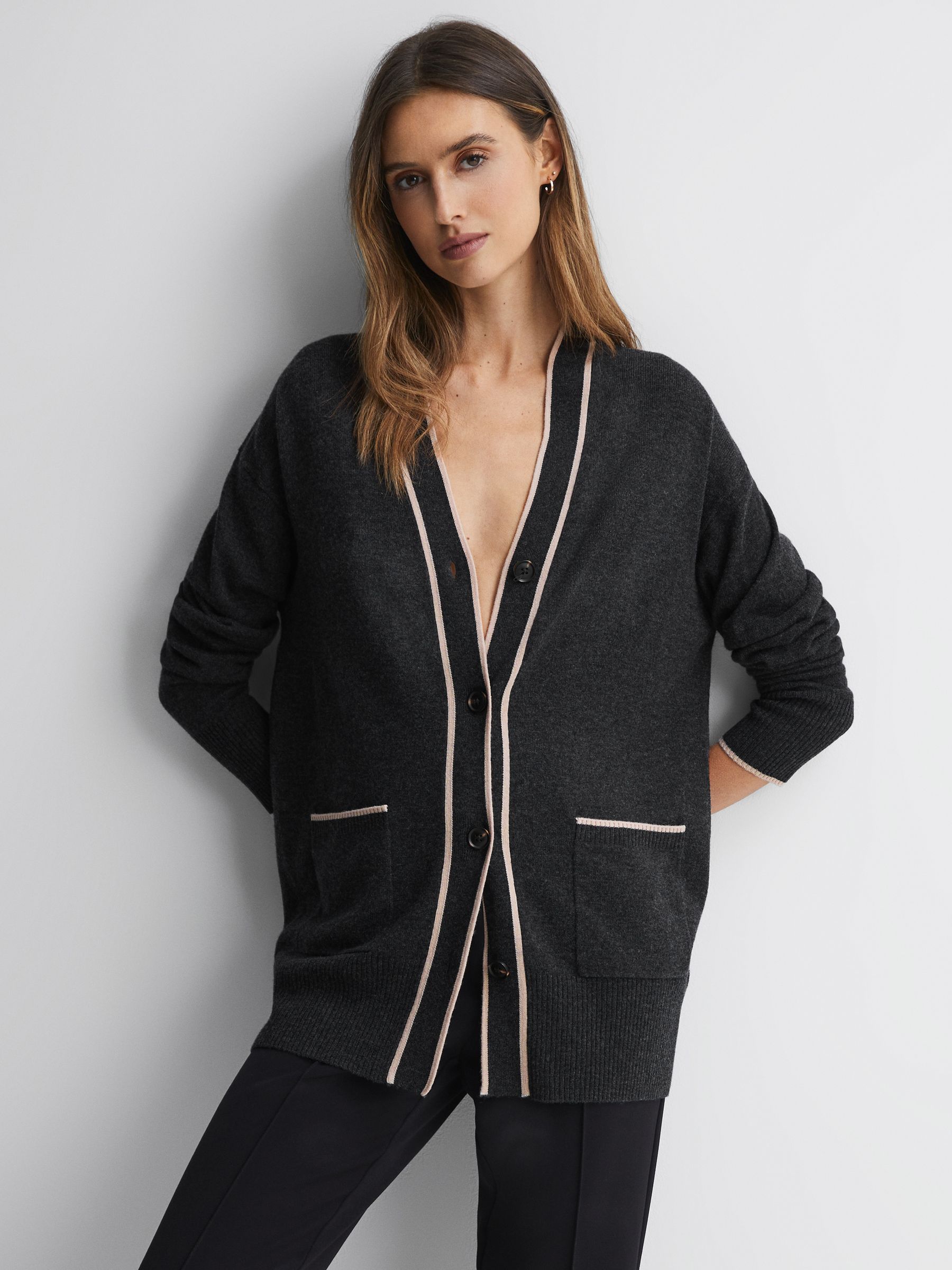 Wool Blend Contrast Trim Cardigan in Charcoal/Nude - Image 1 of 5