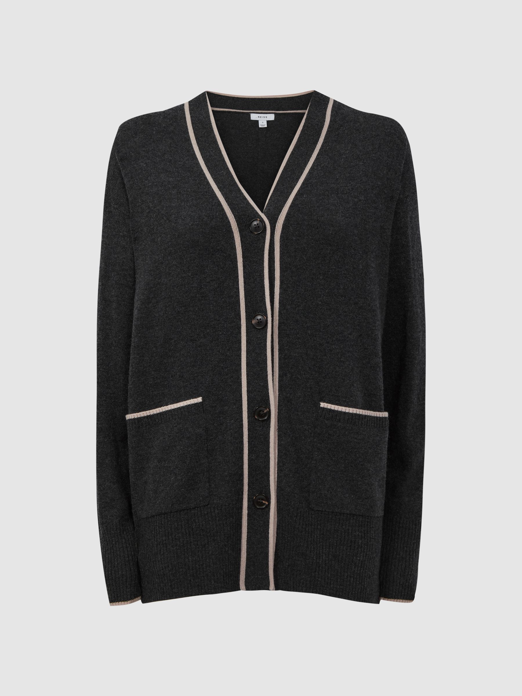 Wool Blend Contrast Trim Cardigan in Charcoal/Nude - Image 2 of 5