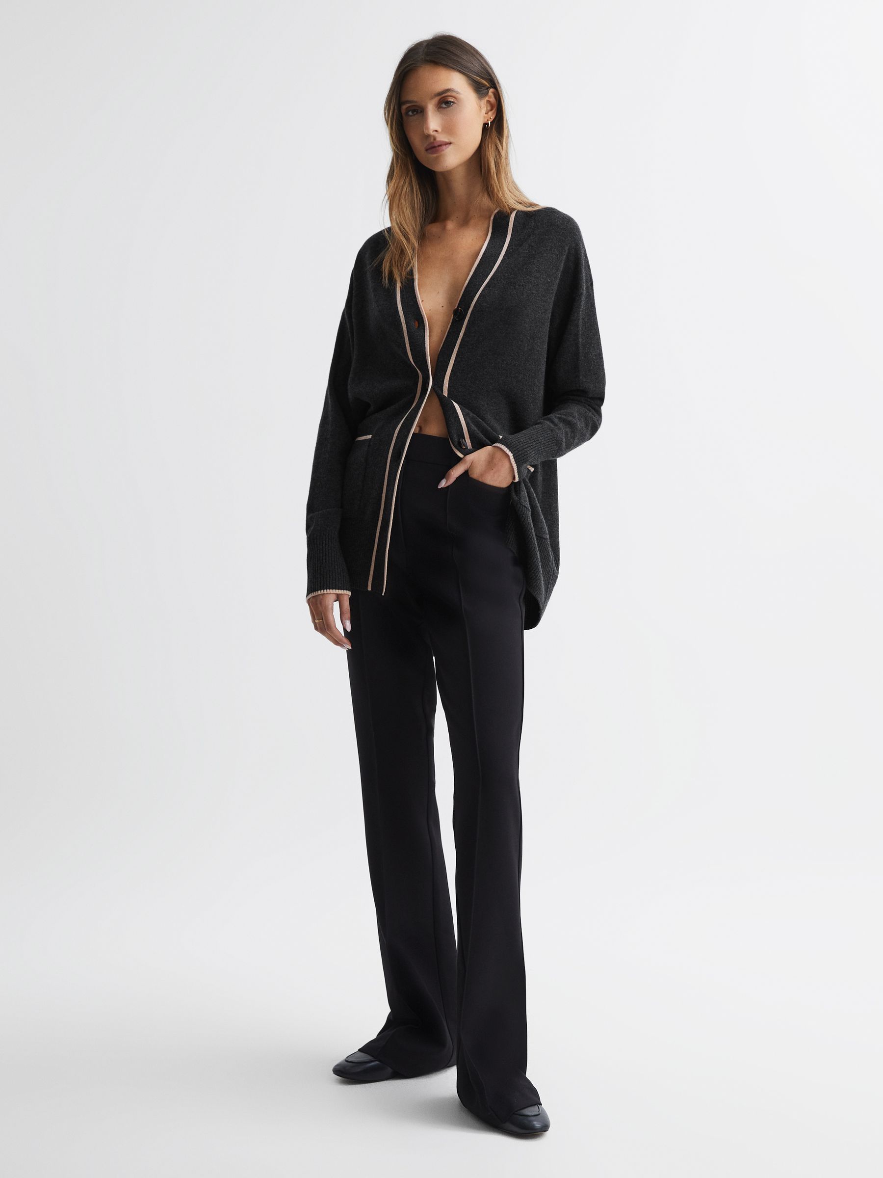 Wool Blend Contrast Trim Cardigan in Charcoal/Nude - Image 3 of 5