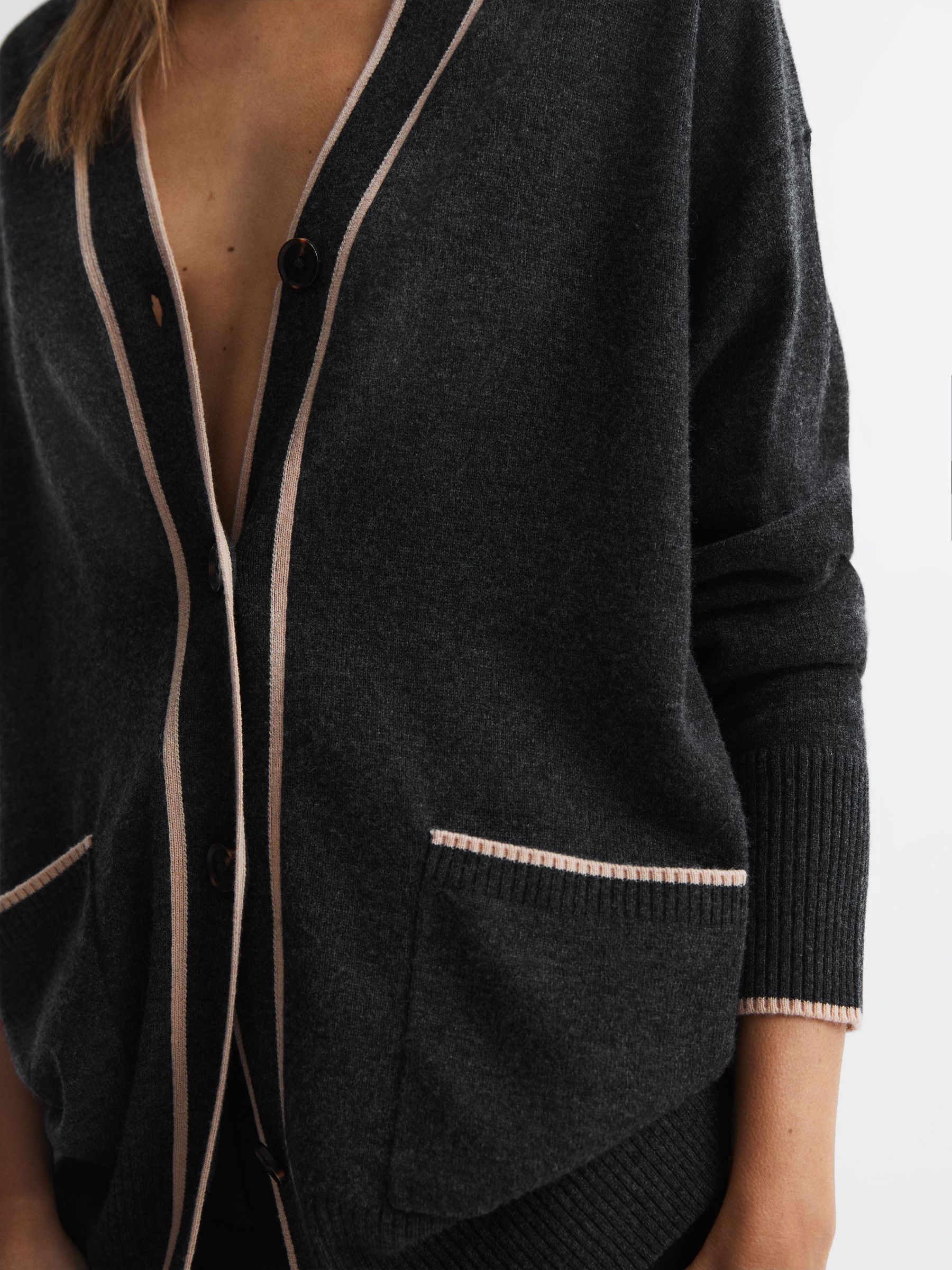 Wool Blend Contrast Trim Cardigan in Charcoal/Nude - Image 4 of 5