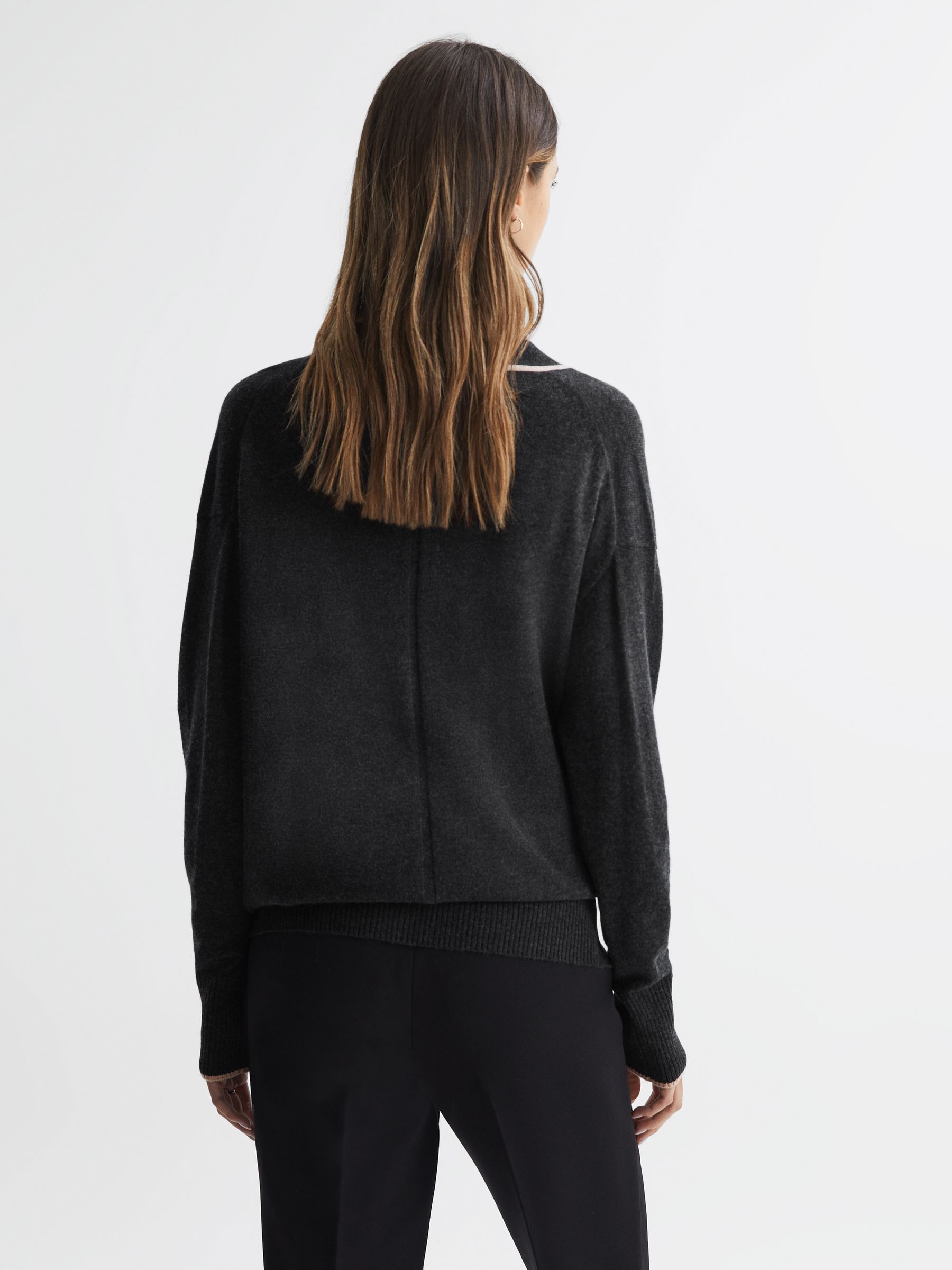 Wool Blend Contrast Trim Cardigan in Charcoal/Nude - Image 5 of 5