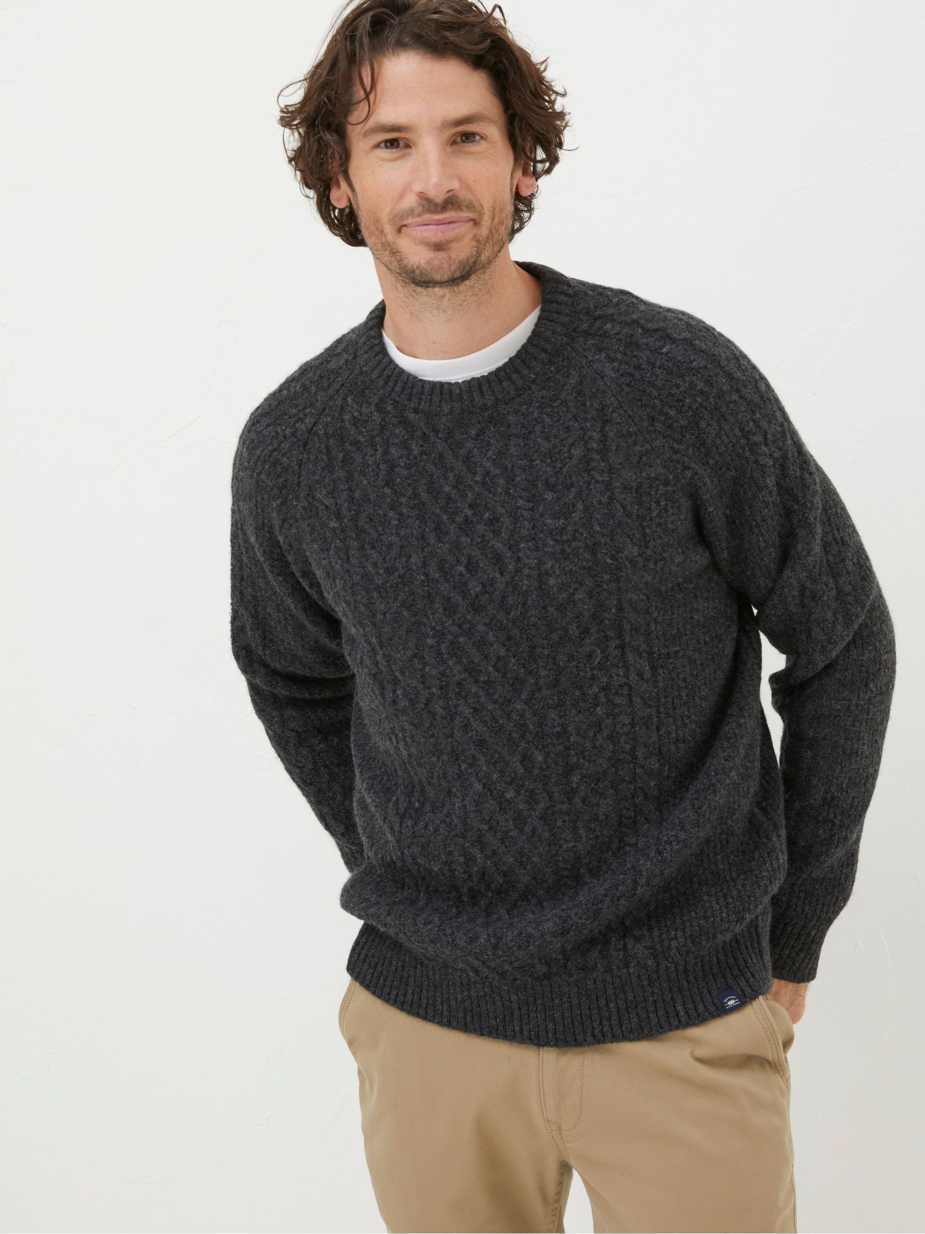 Calder Grey Cable Crew Jumper - Image 1 of 6