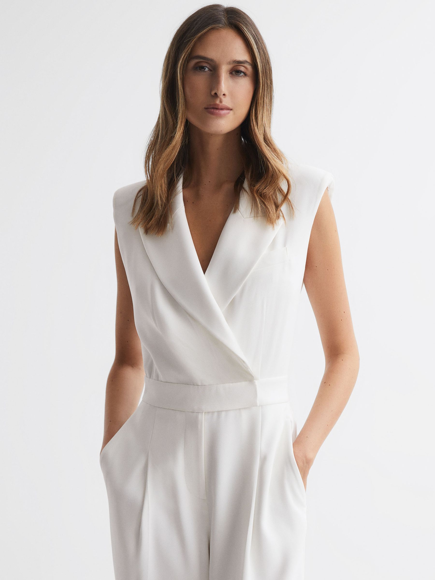 Satin Lapel Jumpsuit in Ivory - Image 3 of 4