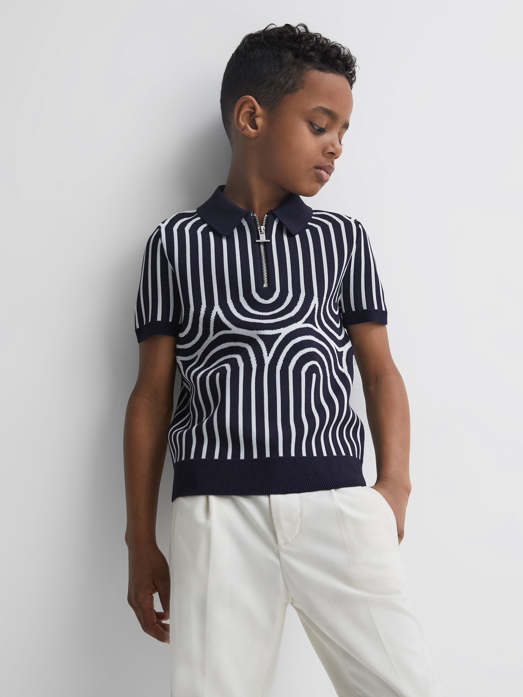 Half-Zip Striped Polo T-Shirt in Navy/White - Image 3 of 6