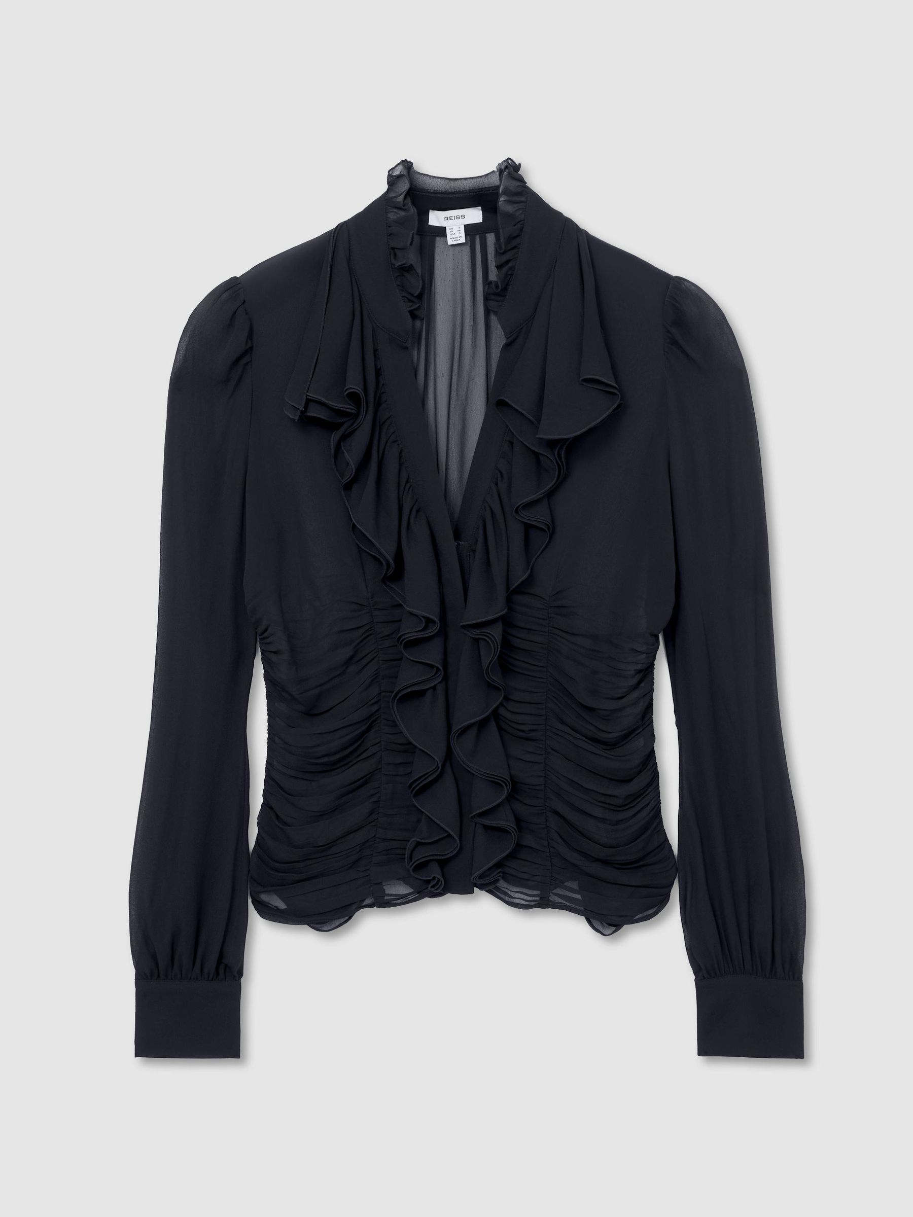 Sheer Ruched Ruffle V-Neck Blouse in Navy - Image 2 of 7