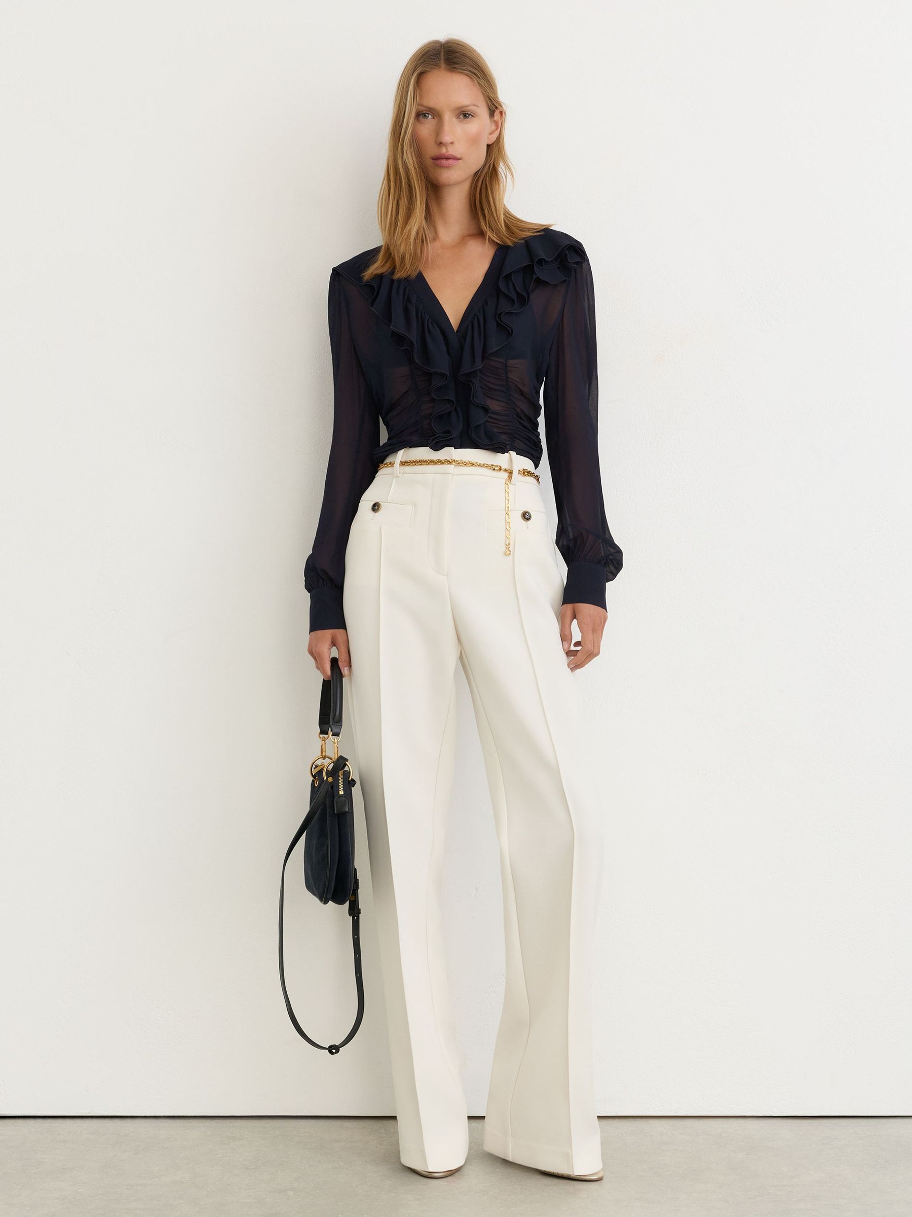 Sheer Ruched Ruffle V-Neck Blouse in Navy - Image 3 of 7