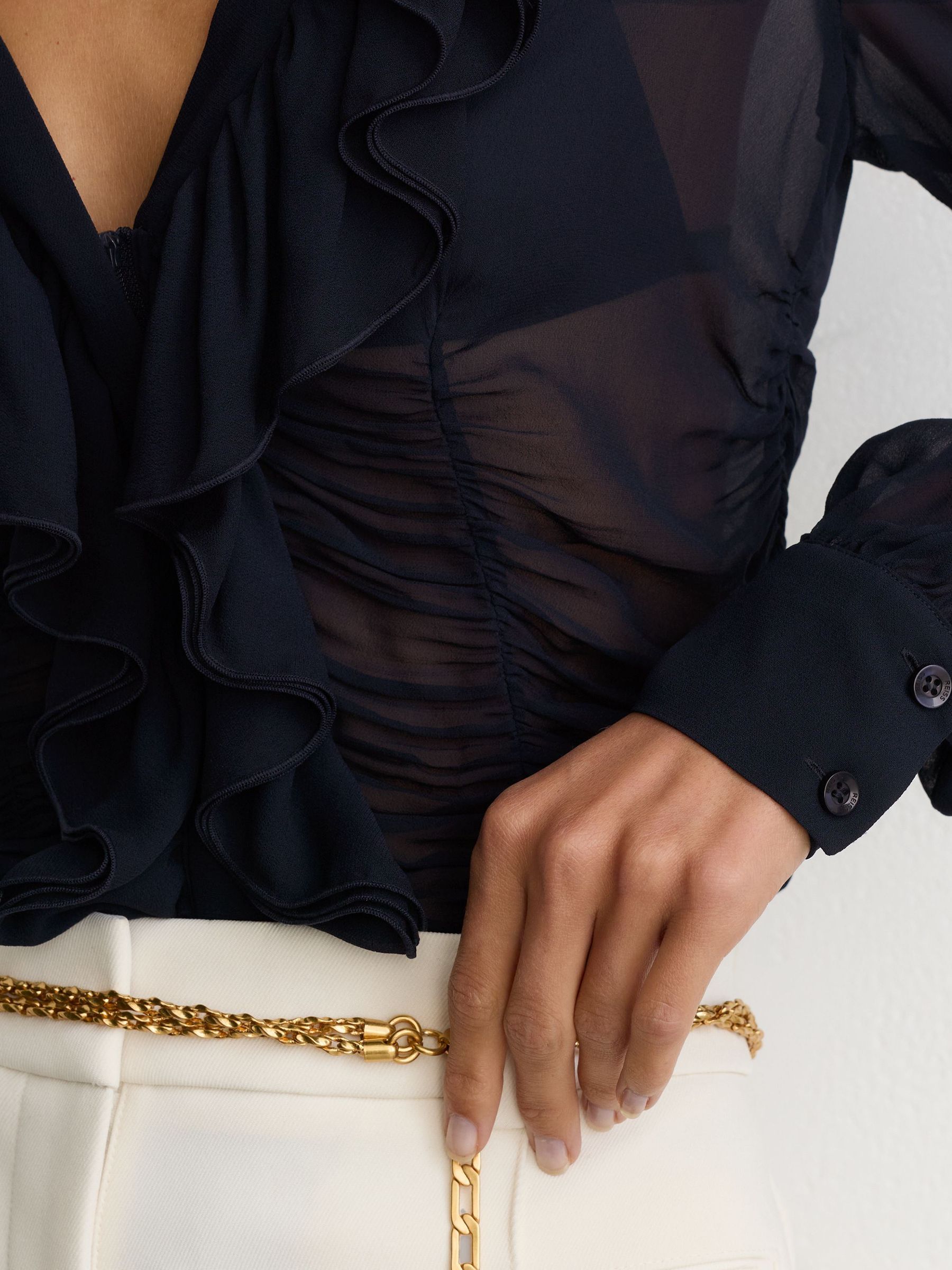 Sheer Ruched Ruffle V-Neck Blouse in Navy - Image 4 of 7