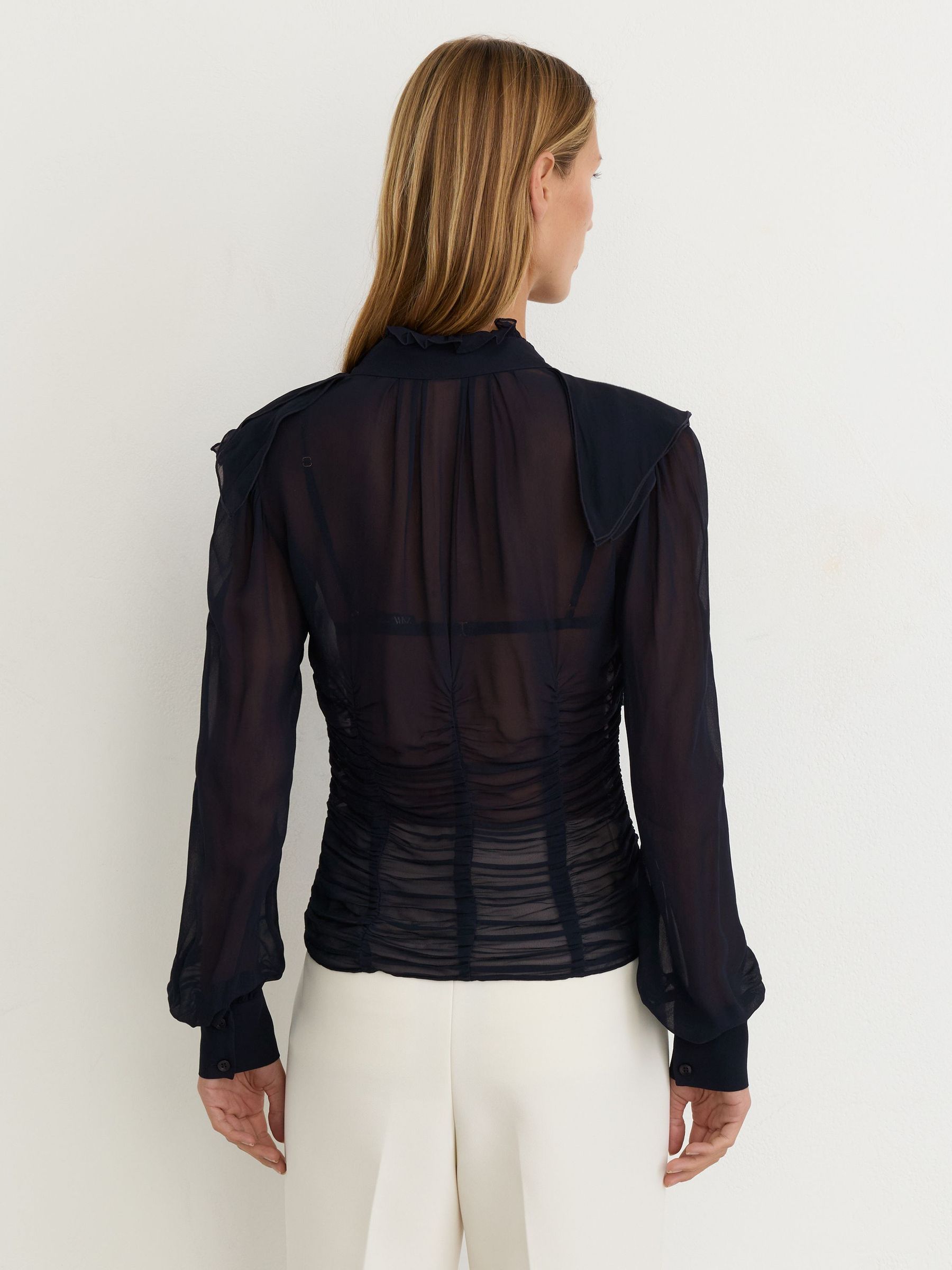 Sheer Ruched Ruffle V-Neck Blouse in Navy - Image 5 of 7