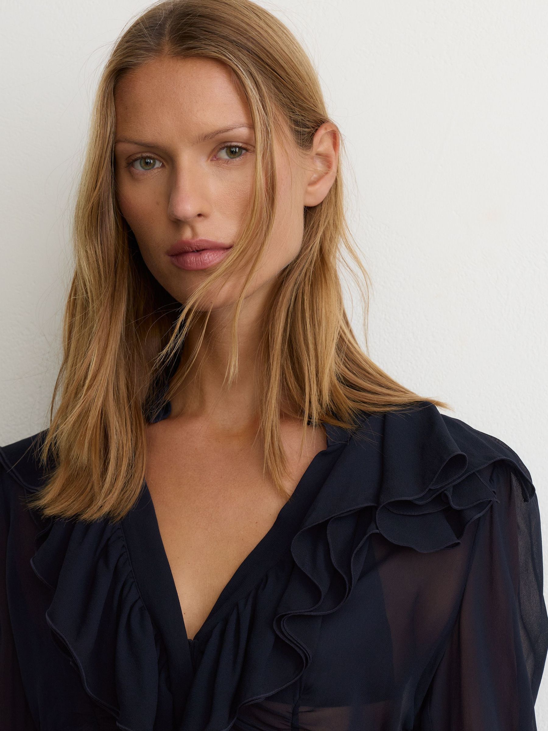 Sheer Ruched Ruffle V-Neck Blouse in Navy - Image 6 of 7