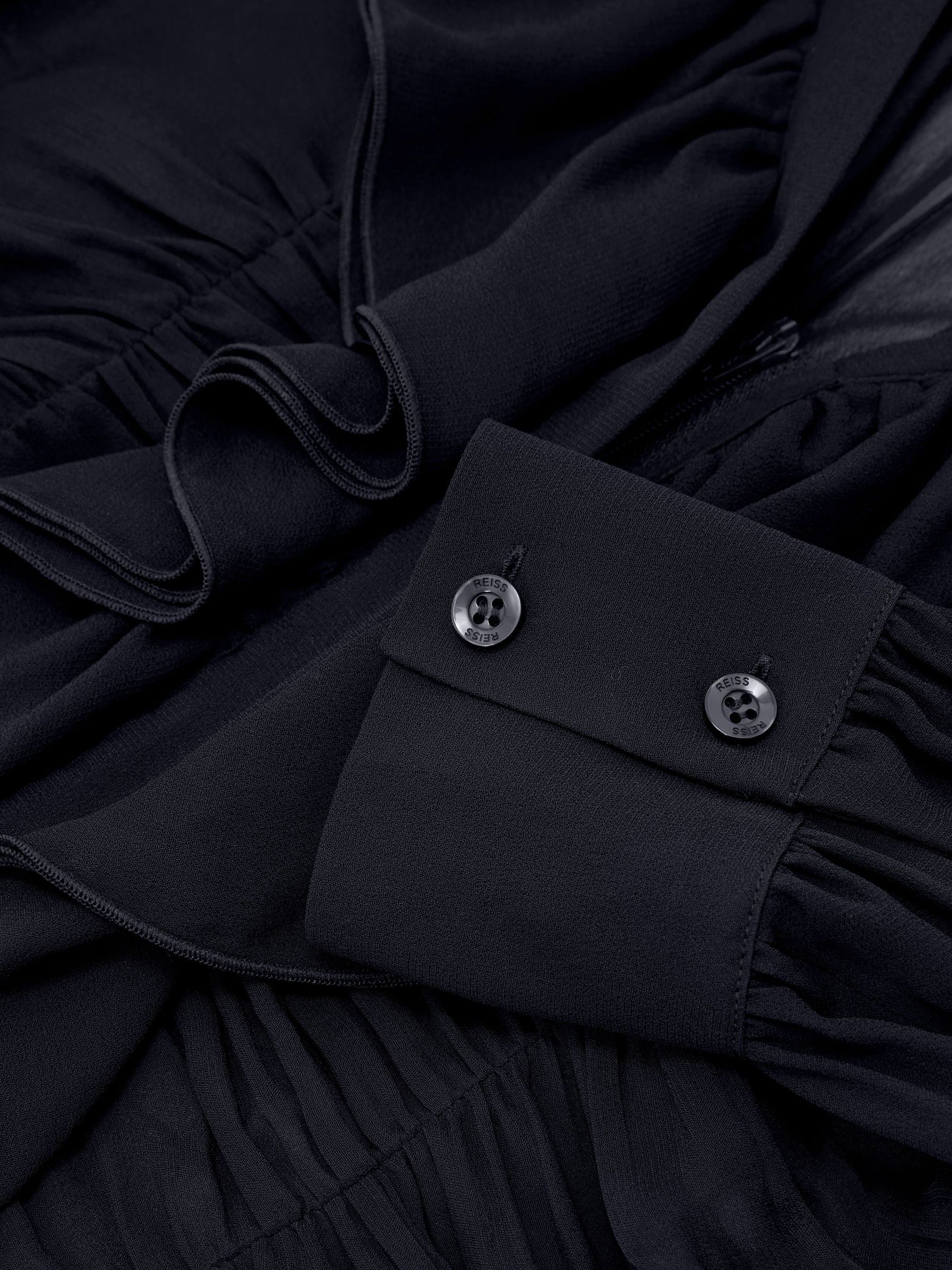 Sheer Ruched Ruffle V-Neck Blouse in Navy - Image 7 of 7