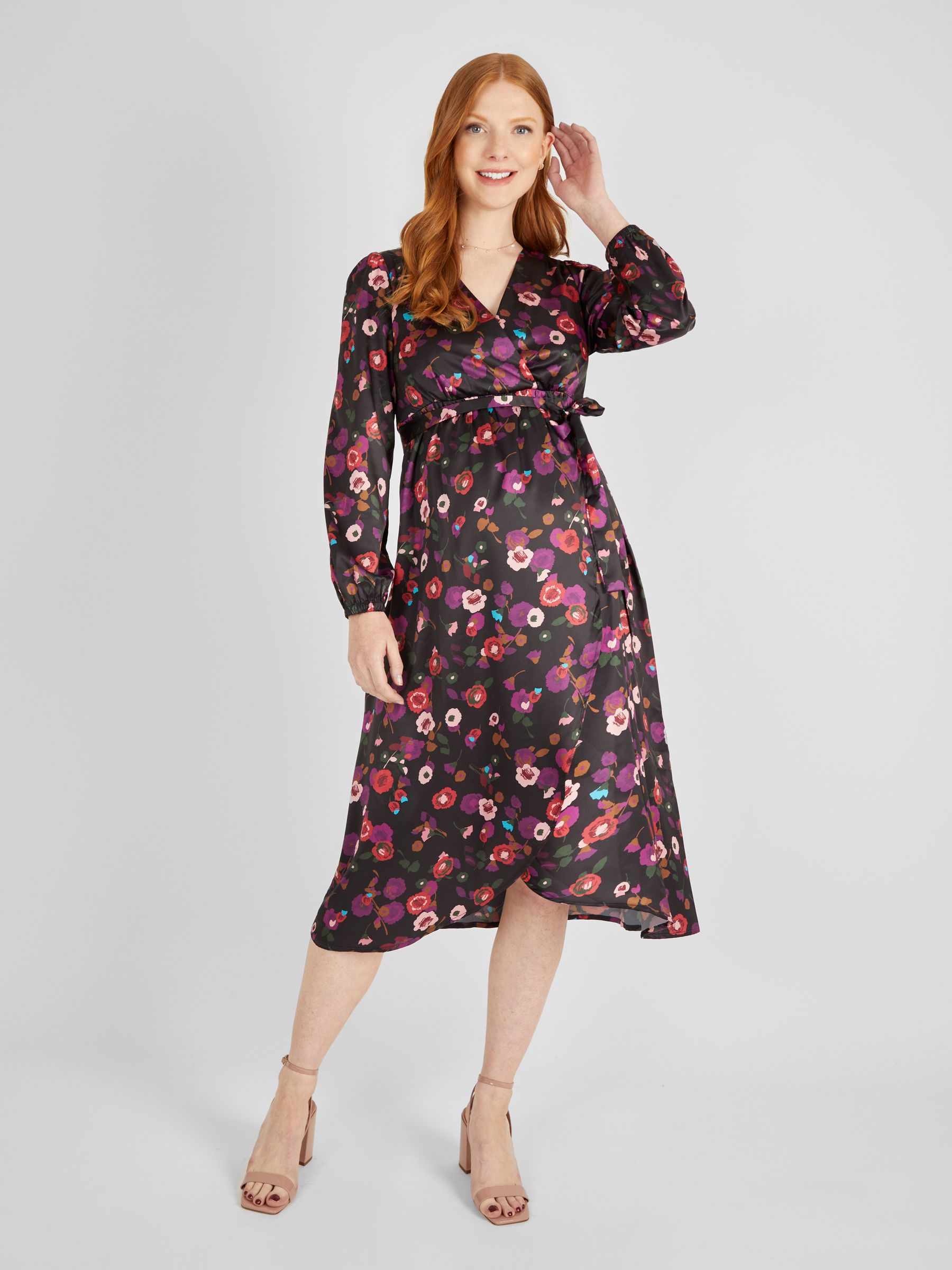 Black Floral Maternity & Nursing Wrap Dress - Image 2 of 5