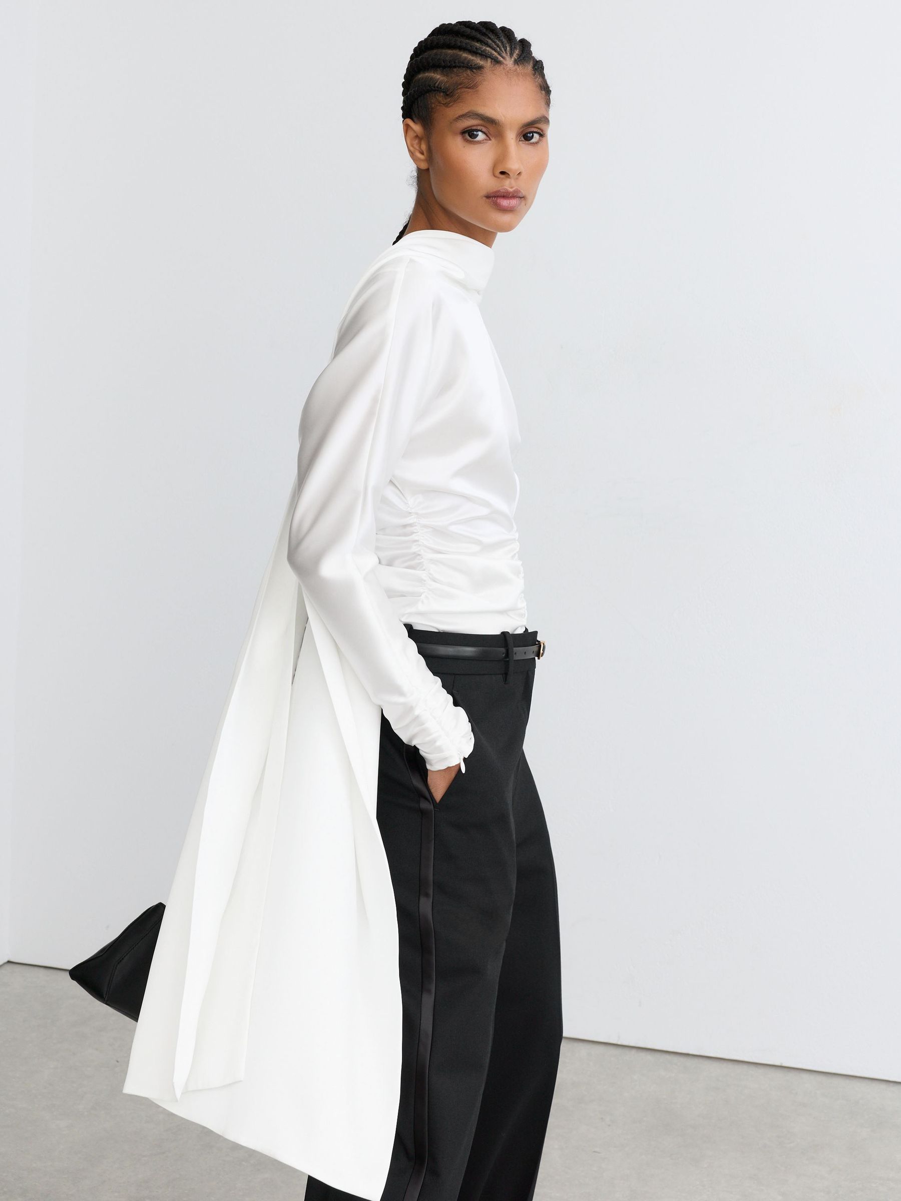 Satin Ruched Cape-Detail Blouse in Ivory - Image 1 of 8