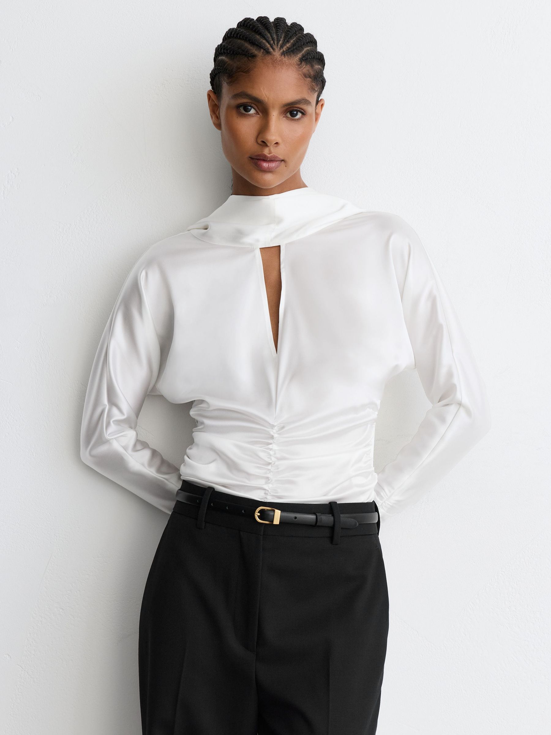Satin Ruched Cape-Detail Blouse in Ivory - Image 4 of 8