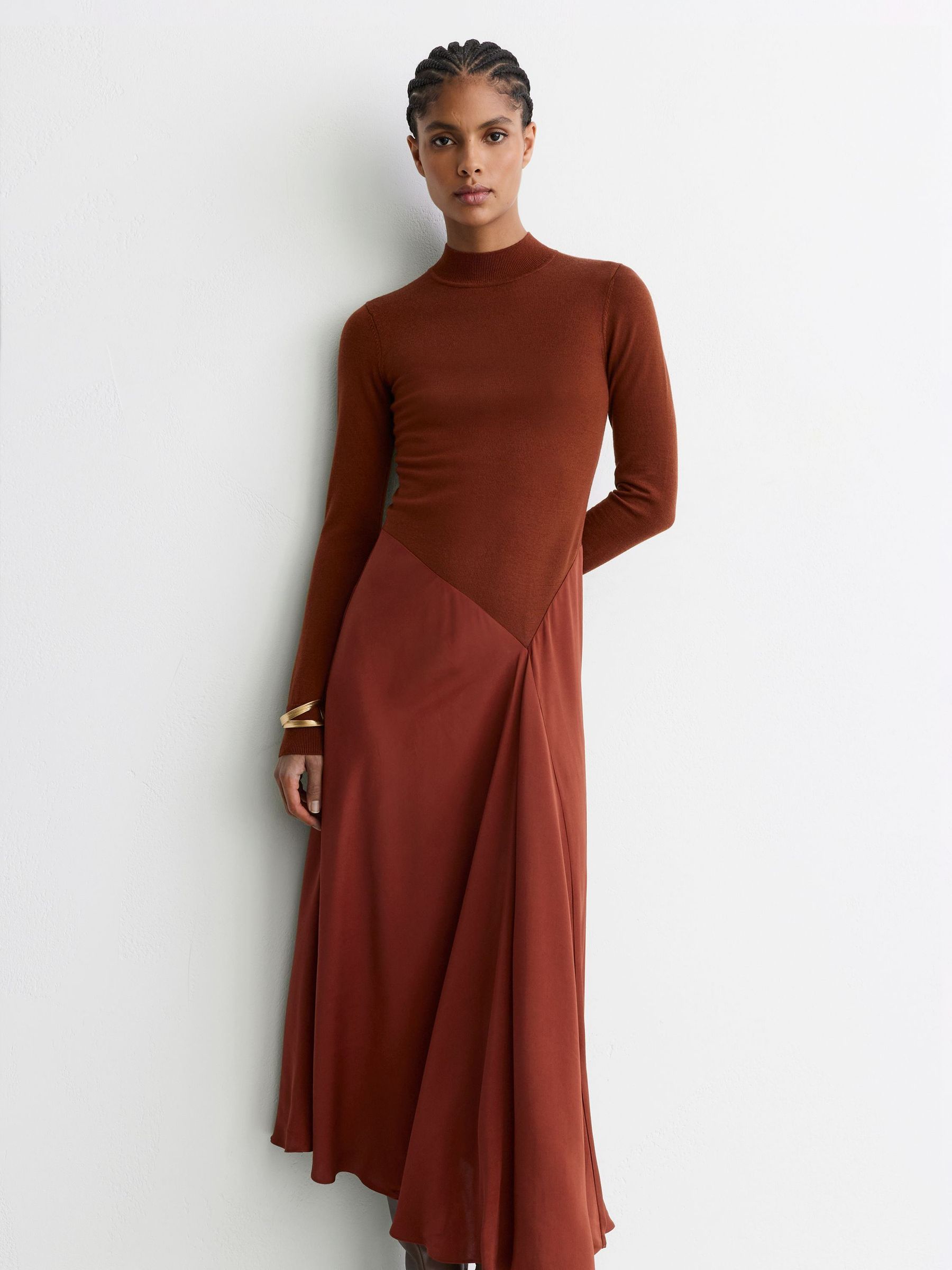 Knitted Woven Mix High-Neck Midi Dress in Rust Orange - Image 1 of 7