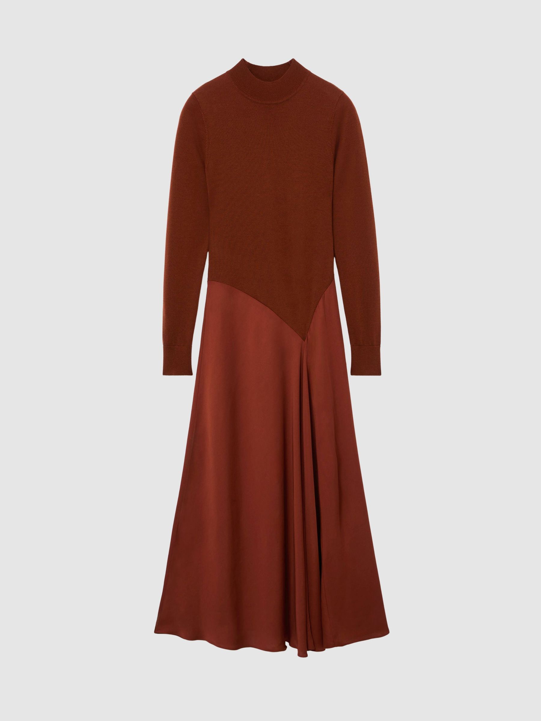 Knitted Woven Mix High-Neck Midi Dress in Rust Orange - Image 2 of 7 Knitted Woven Mix High-Neck Midi Dress in Rust Orange - Image 2 of 7