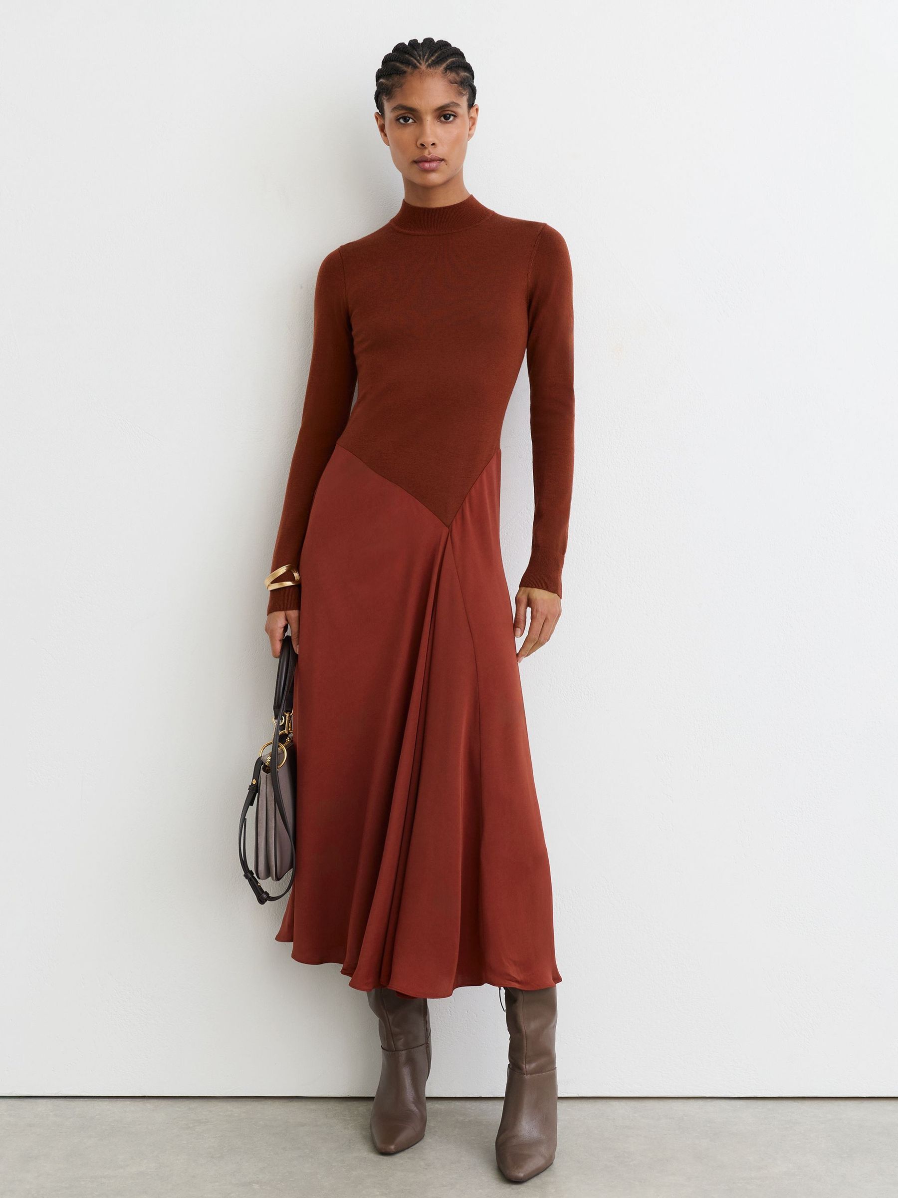 Knitted Woven Mix High-Neck Midi Dress in Rust Orange - Image 4 of 7