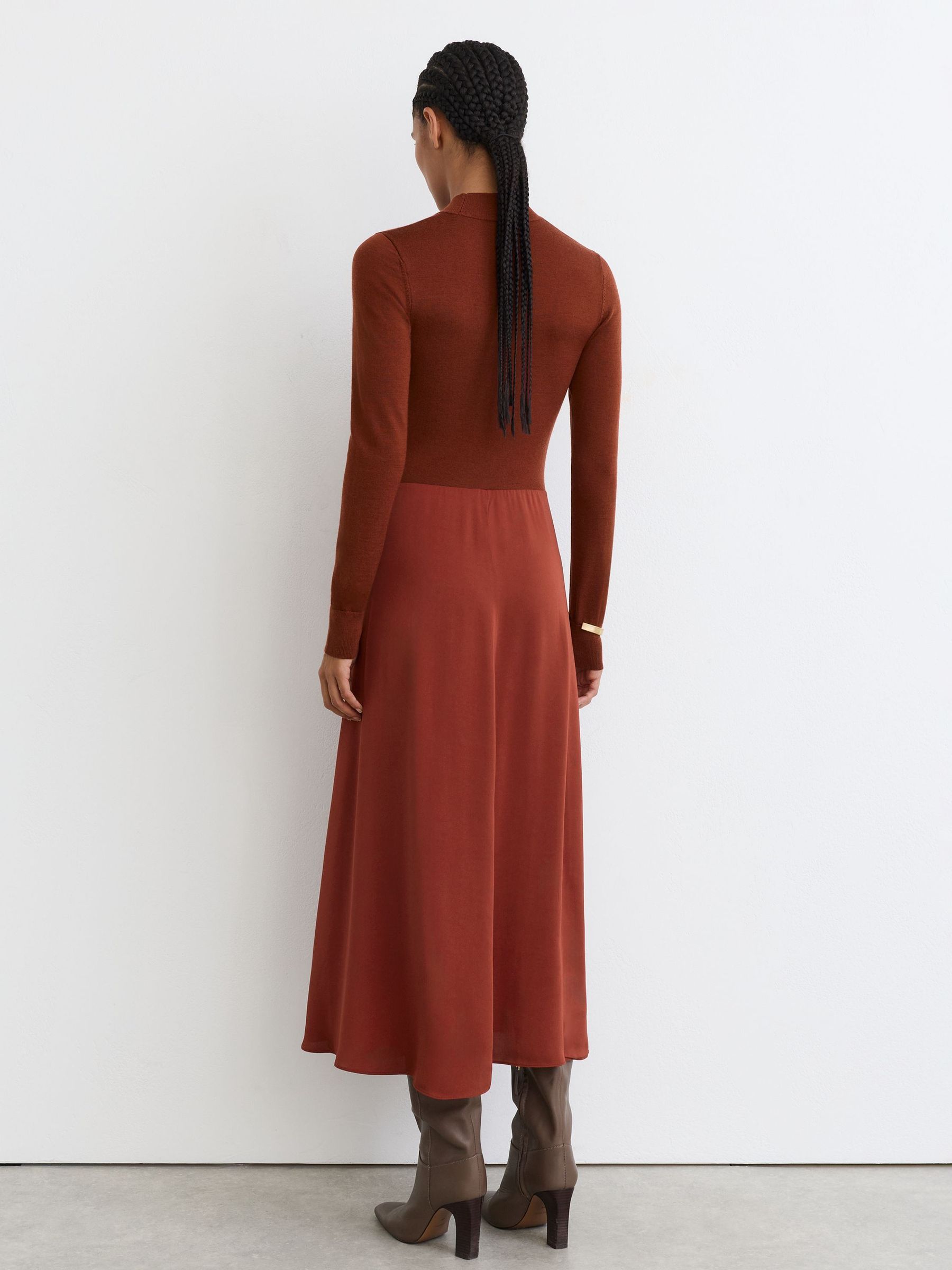Knitted Woven Mix High-Neck Midi Dress in Rust Orange - Image 6 of 7