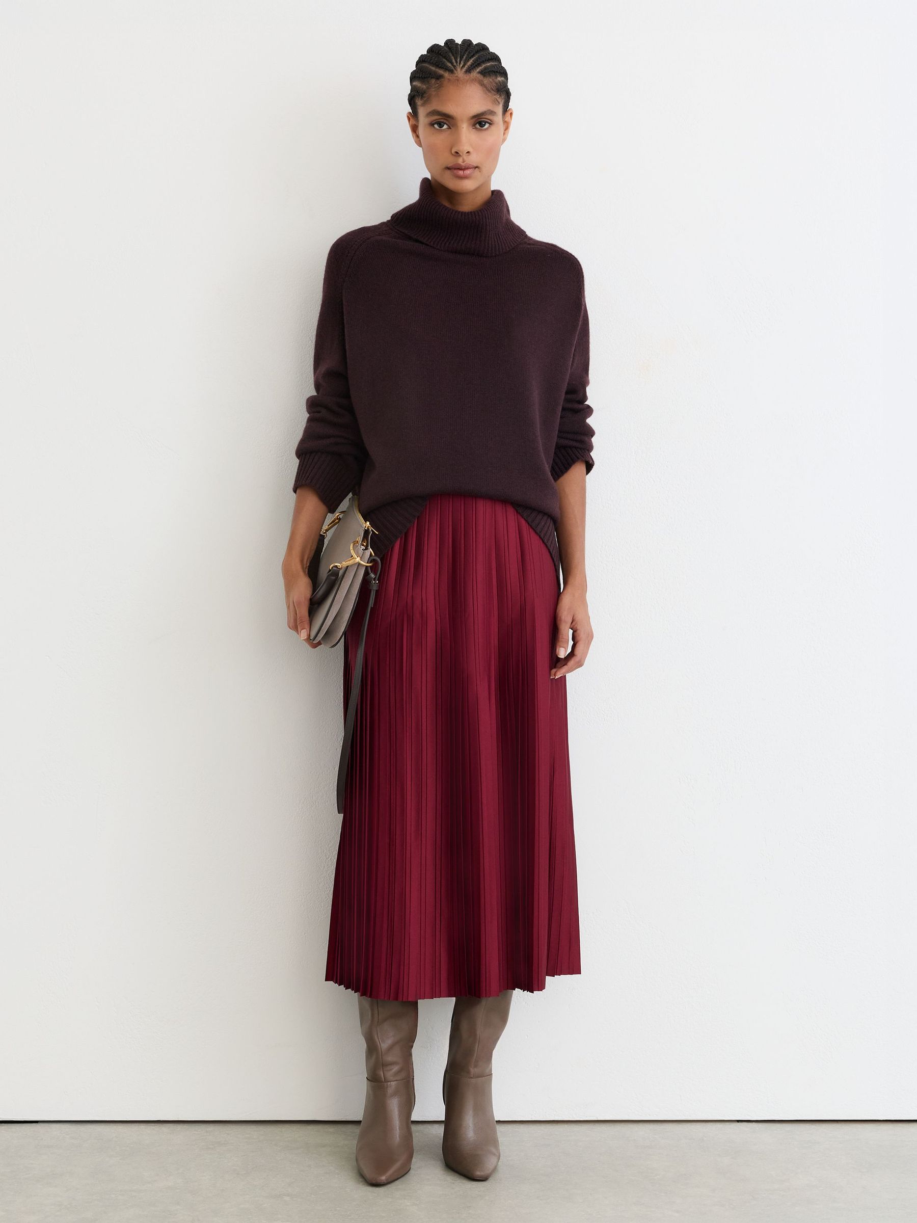 Satin-Finish Pleated Midi Skirt in Red - Image 1 of 8 Satin-Finish Pleated Midi Skirt in Red - Image 1 of 8