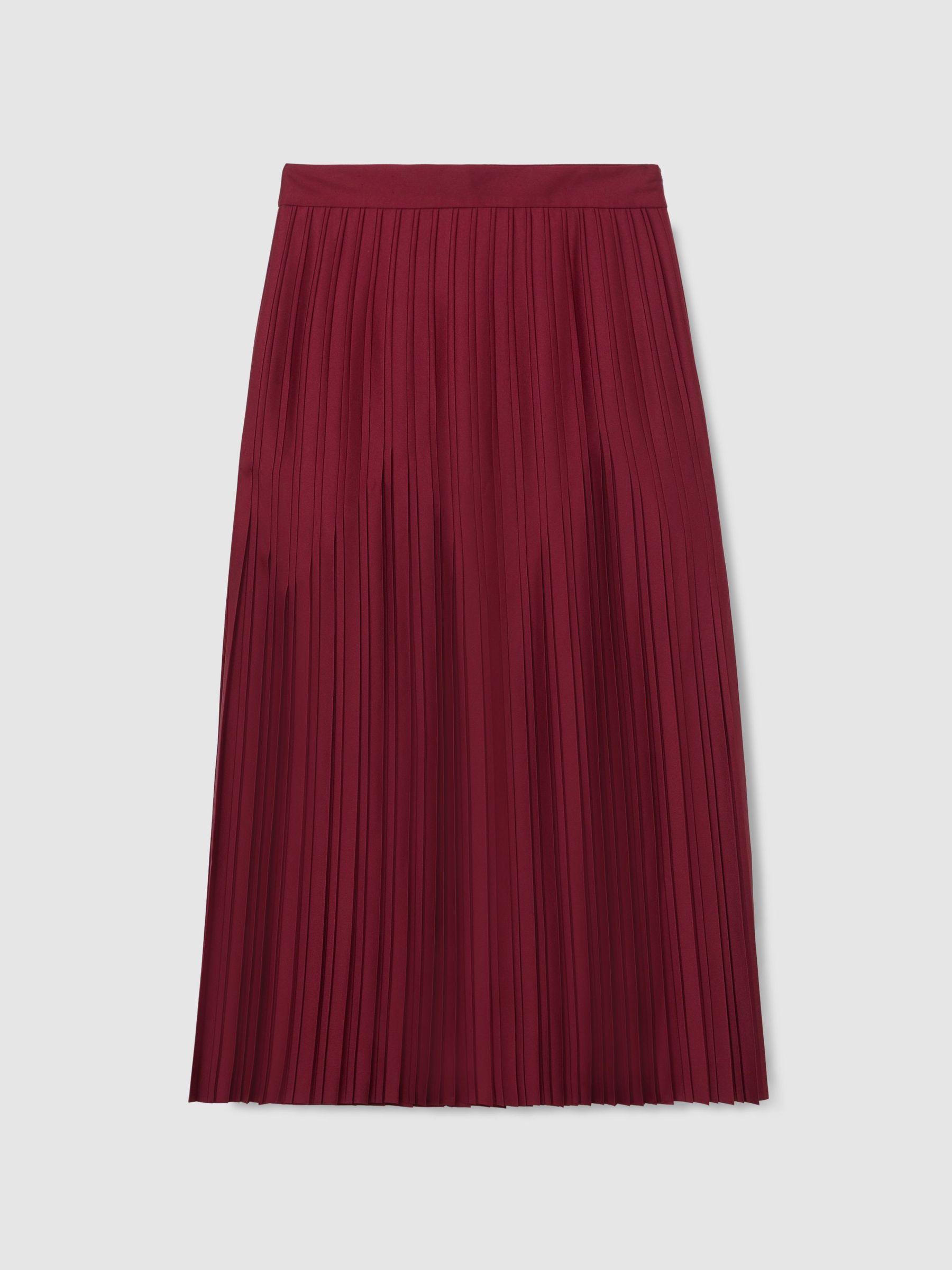 Satin-Finish Pleated Midi Skirt in Red - Image 2 of 8 Satin-Finish Pleated Midi Skirt in Red - Image 2 of 8