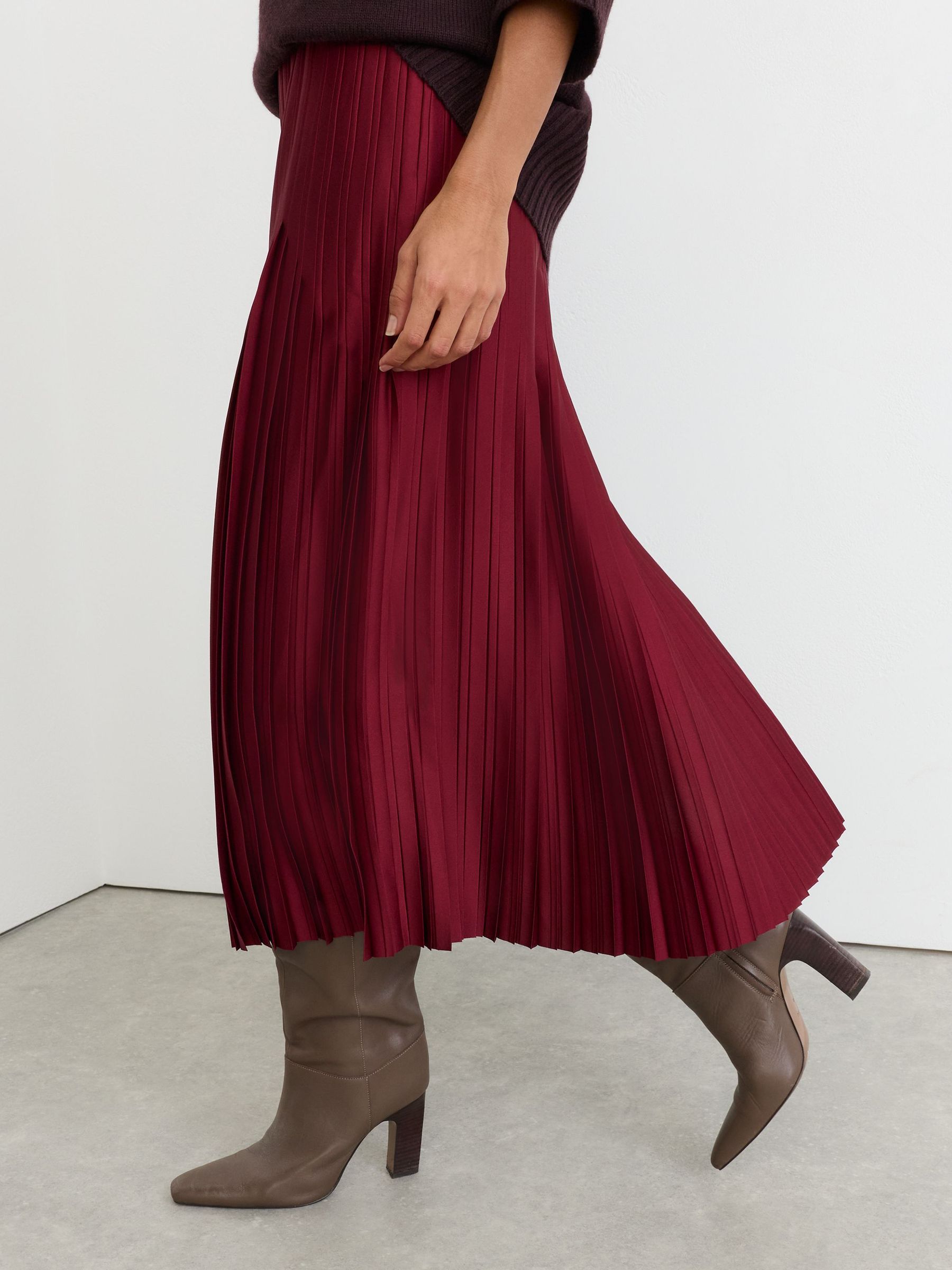 Satin-Finish Pleated Midi Skirt in Red - Image 3 of 8