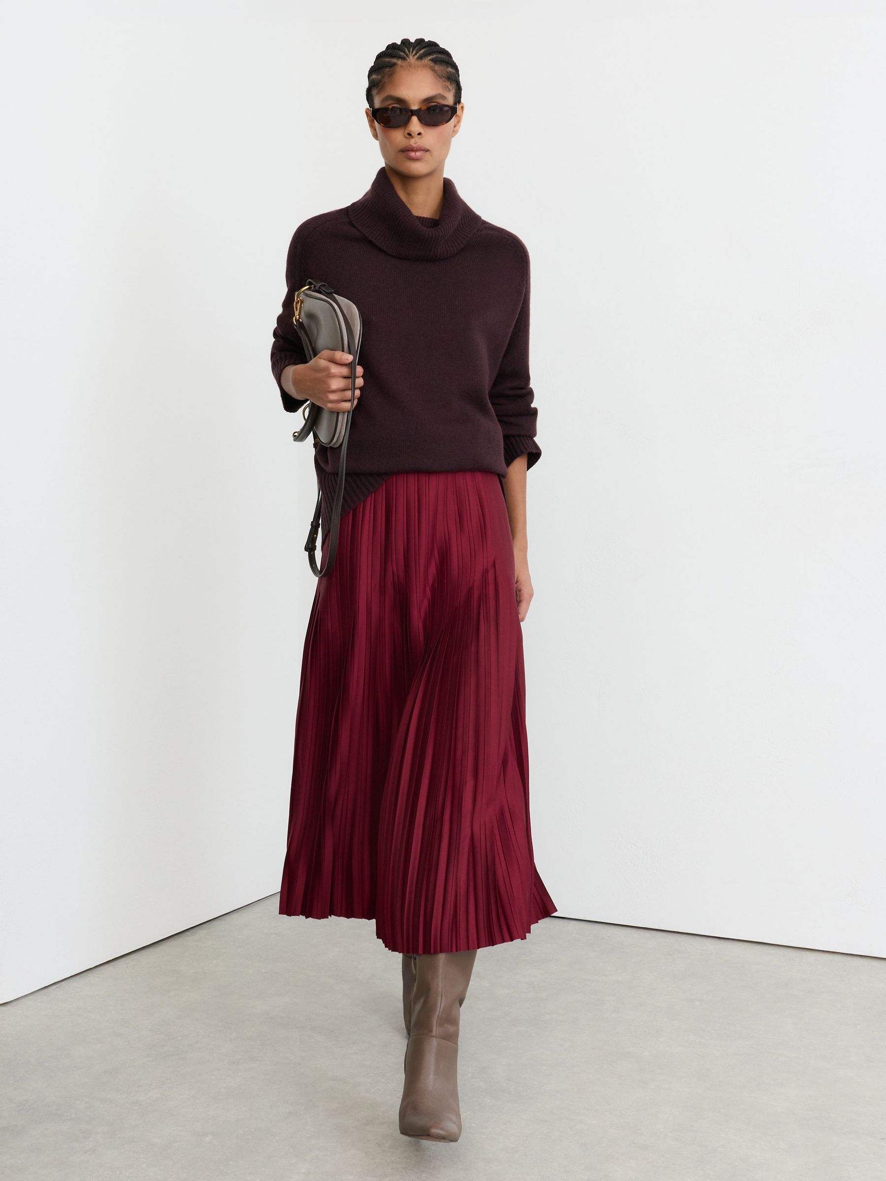 Satin-Finish Pleated Midi Skirt in Red - Image 4 of 8