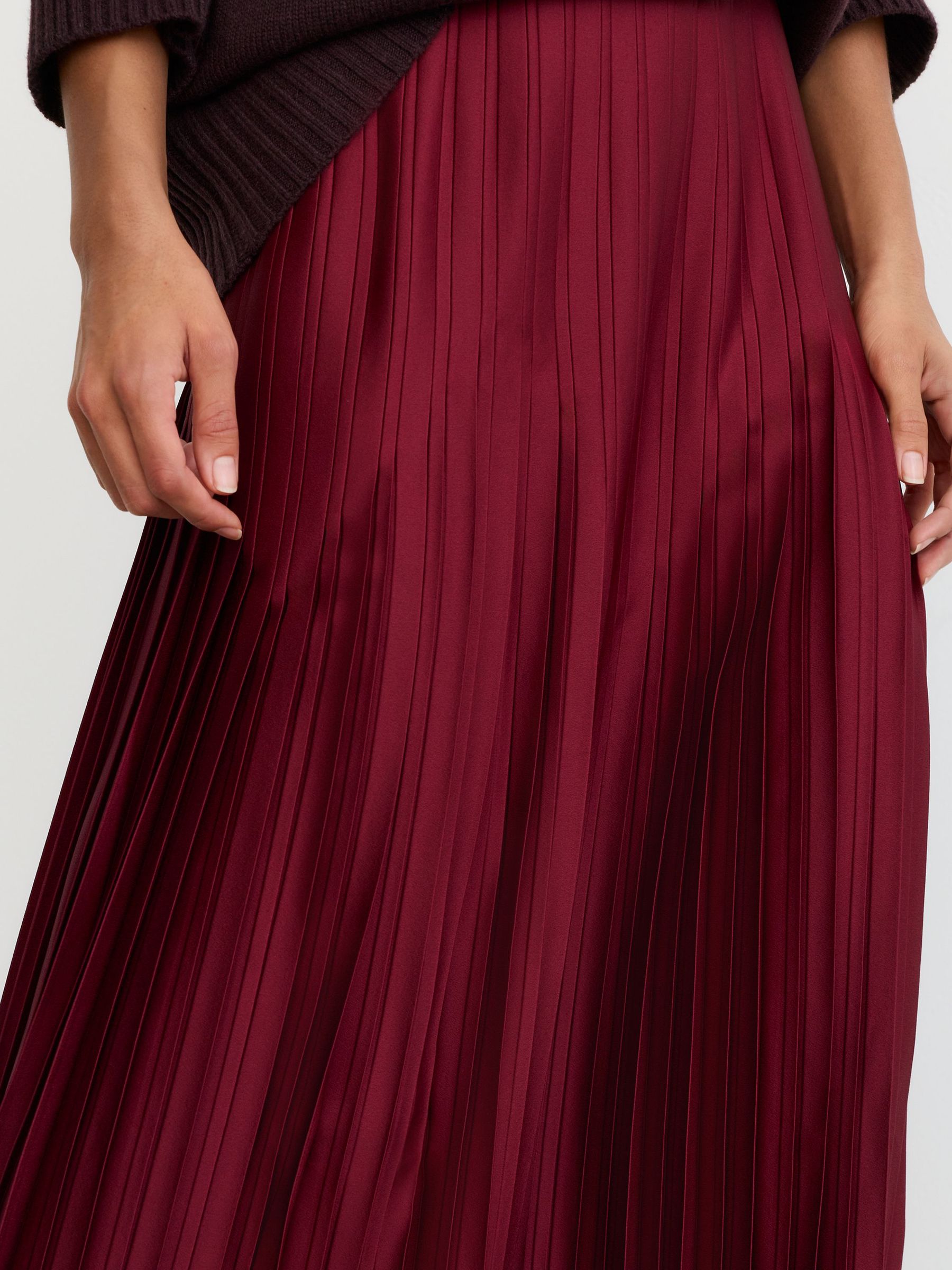 Satin-Finish Pleated Midi Skirt in Red - Image 5 of 8