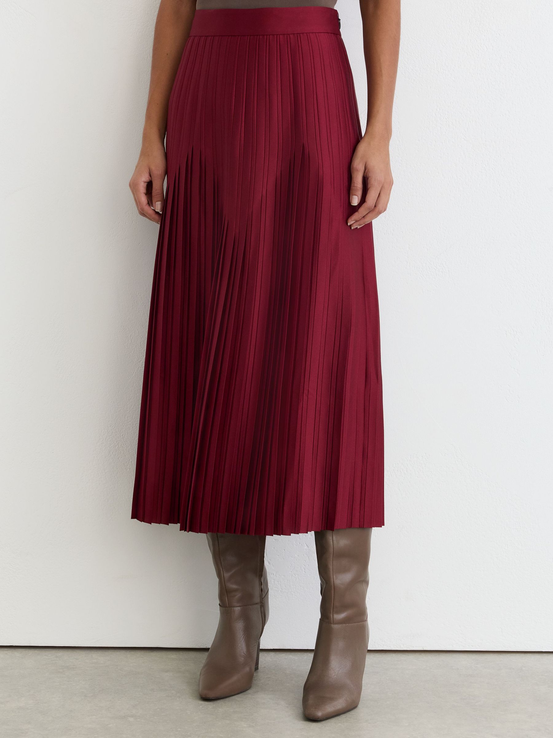 Satin-Finish Pleated Midi Skirt in Red - Image 6 of 8
