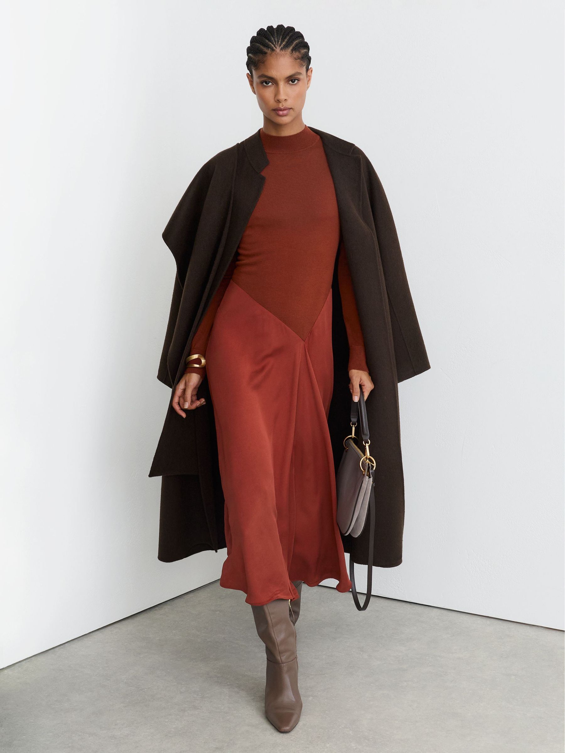 Petite Knitted Woven Mix High-Neck Midi Dress in Rust Orange - Image 4 de 8