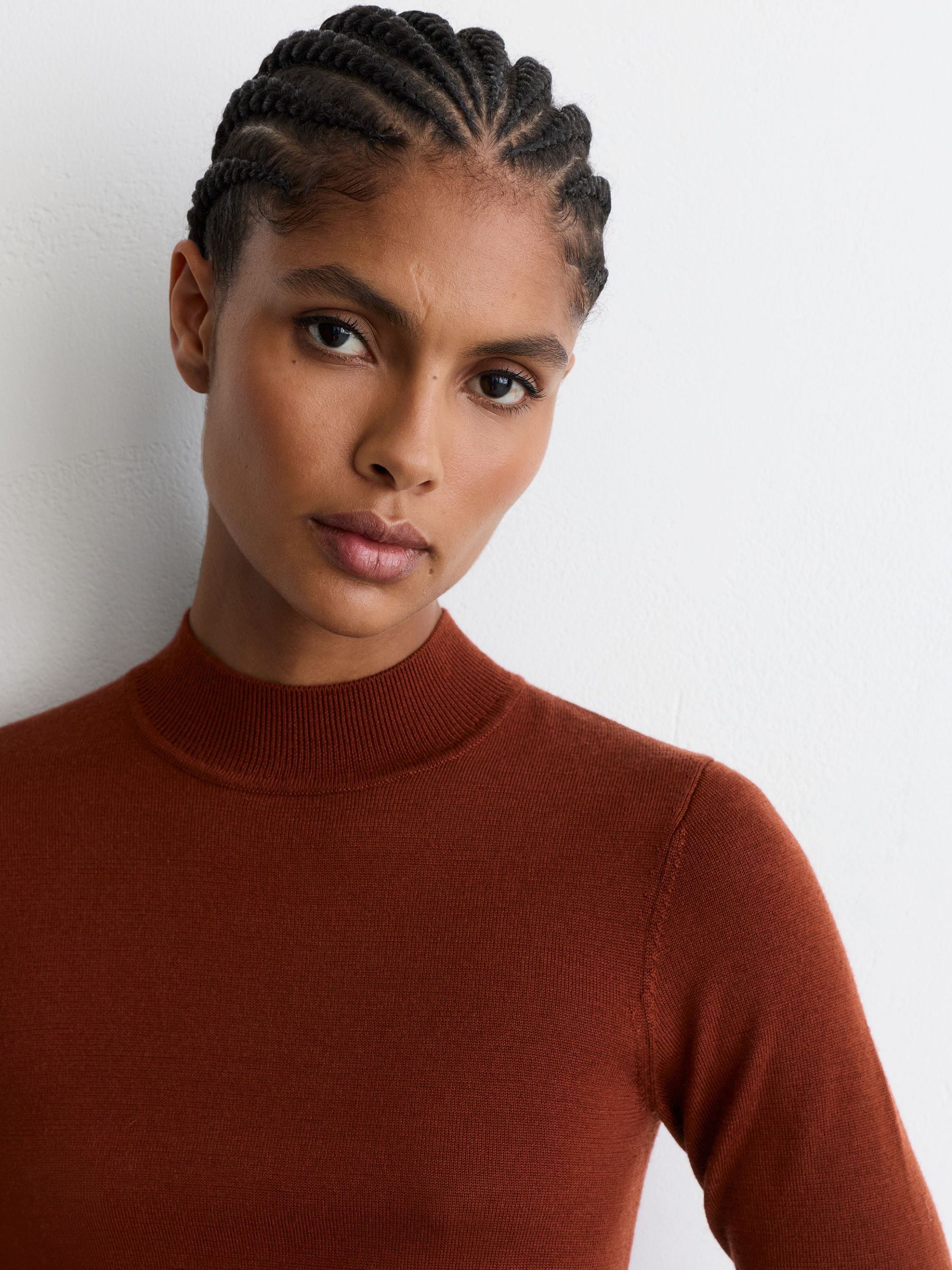 Petite Knitted Woven Mix High-Neck Midi Dress in Rust Orange - Image 5 de 8
