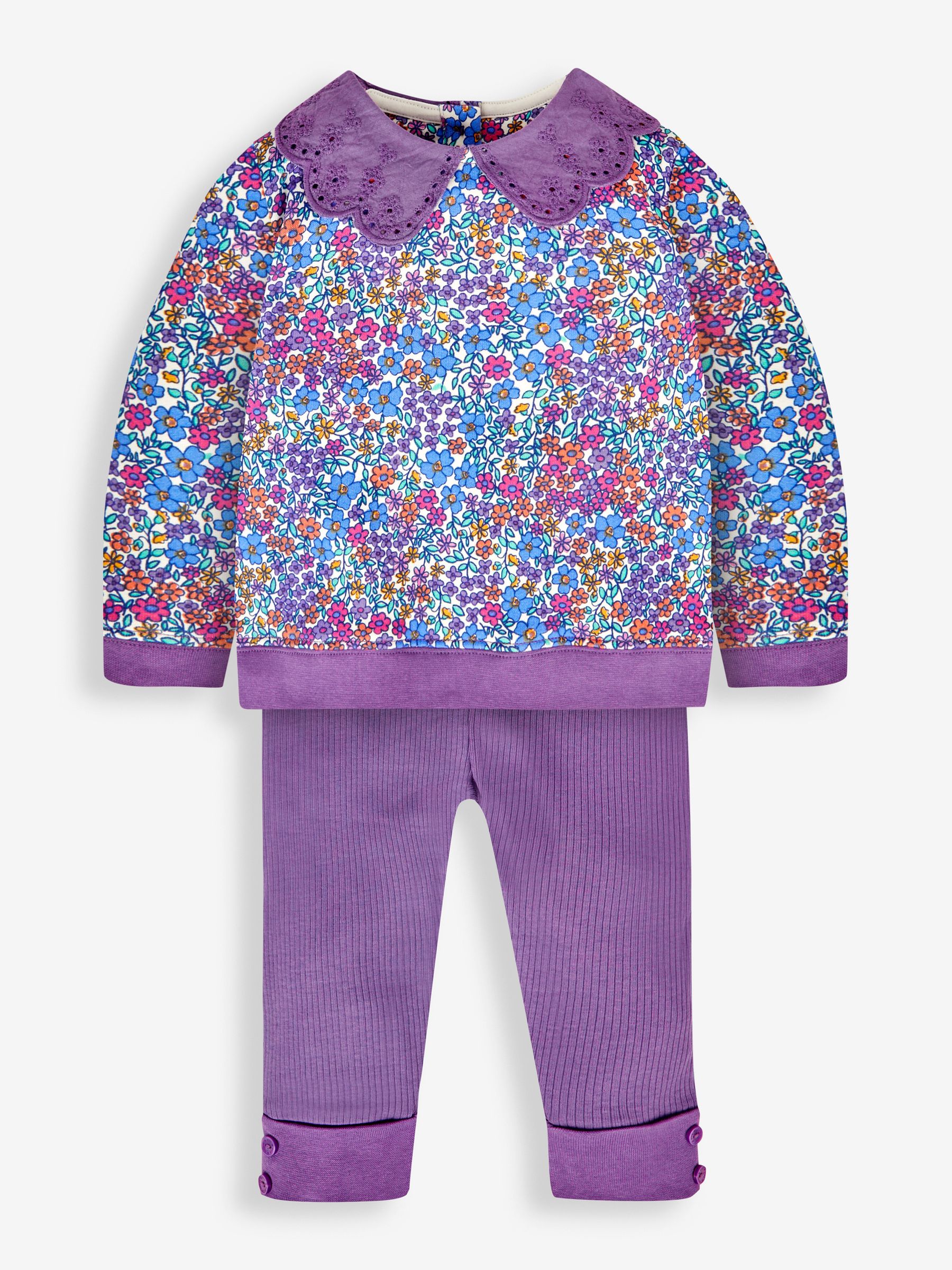 Lilac Girls' Floral Sweatshirt With Broderie Collar & Leggings Set - Image 1 of 5