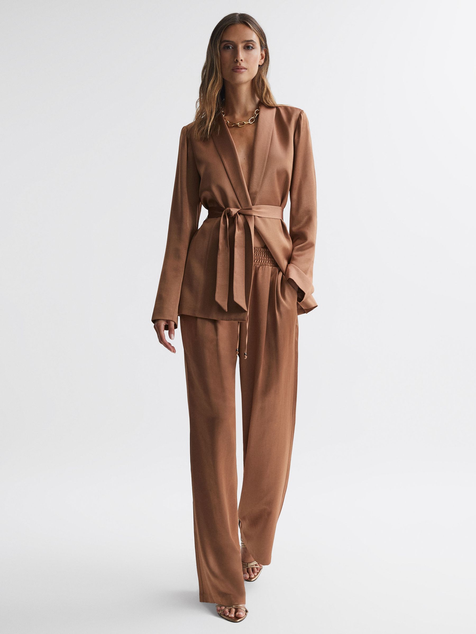 Paige Elasticated Wide Leg Suit Trousers in Camel - Image 3 of 5