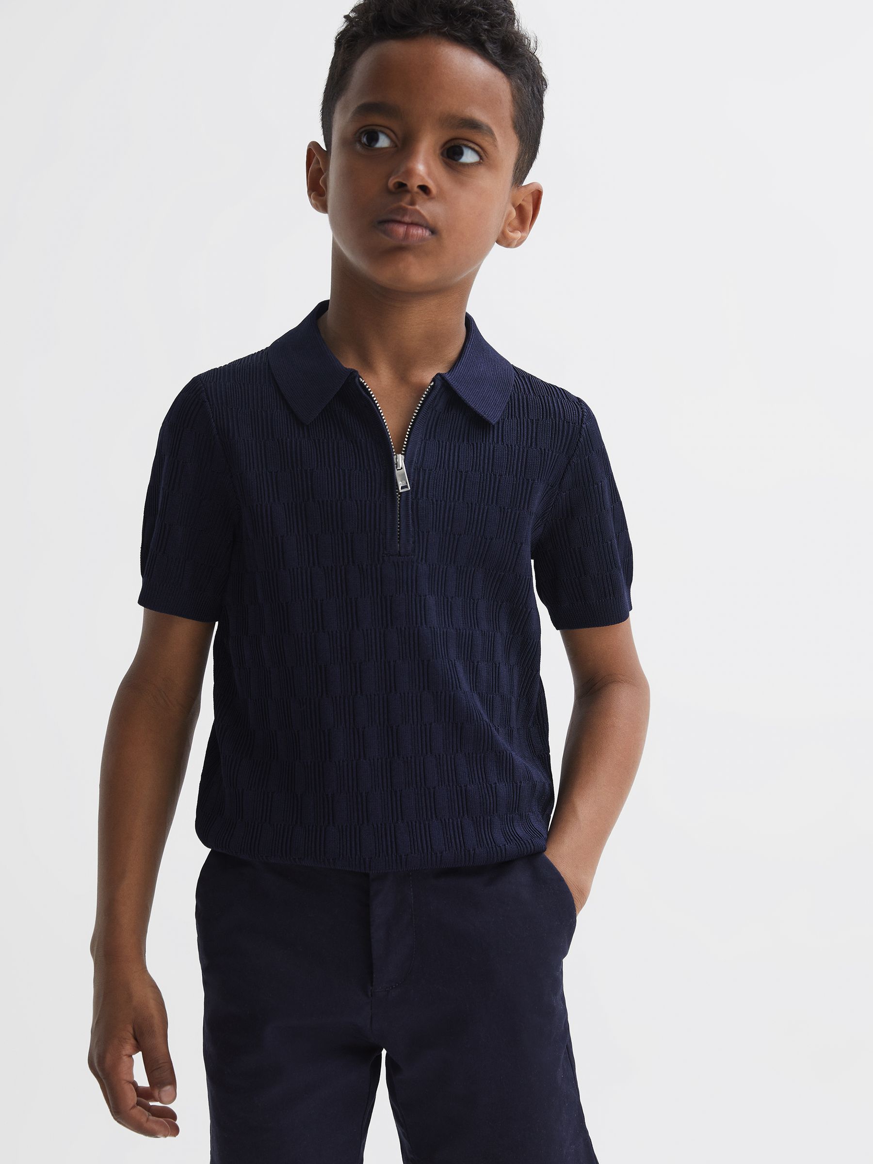 Junior Half-Zip Textured Polo T-Shirt in Navy - Image 1 of 6