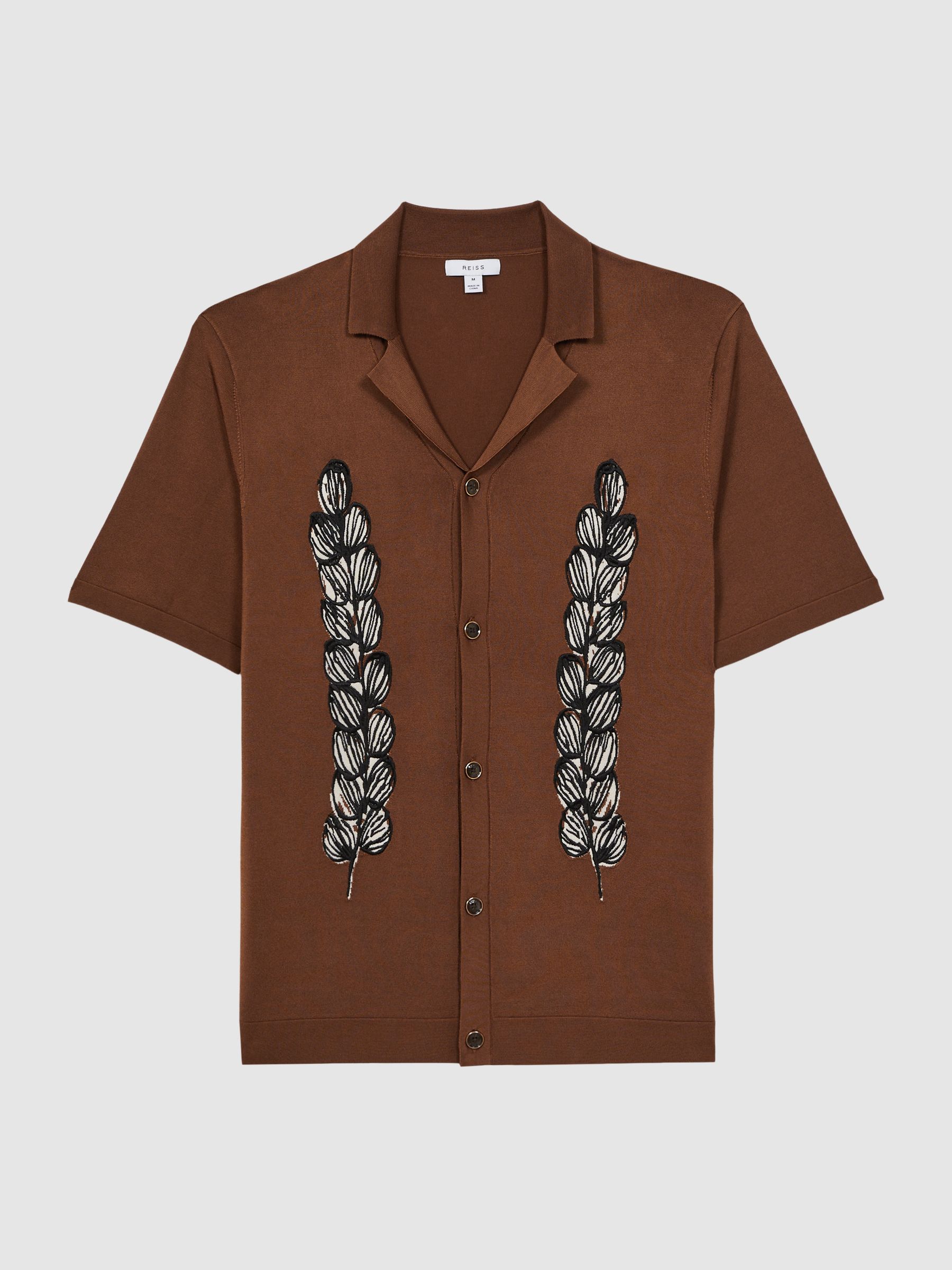 Embroidered Cuban Collar Button Through T-Shirt in Tobacco - Image 2 of 4