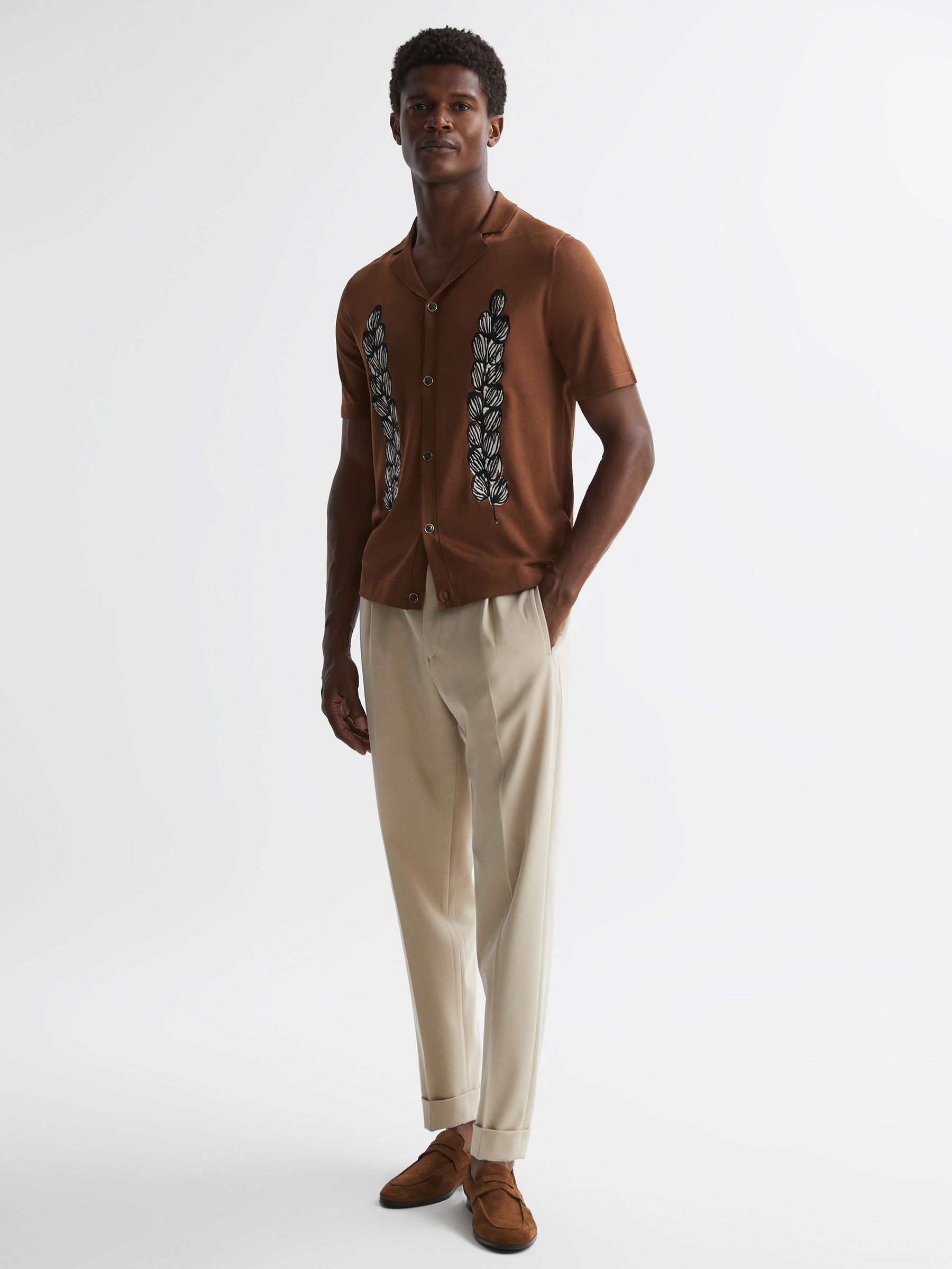 Embroidered Cuban Collar Button Through T-Shirt in Tobacco - Image 3 of 4
