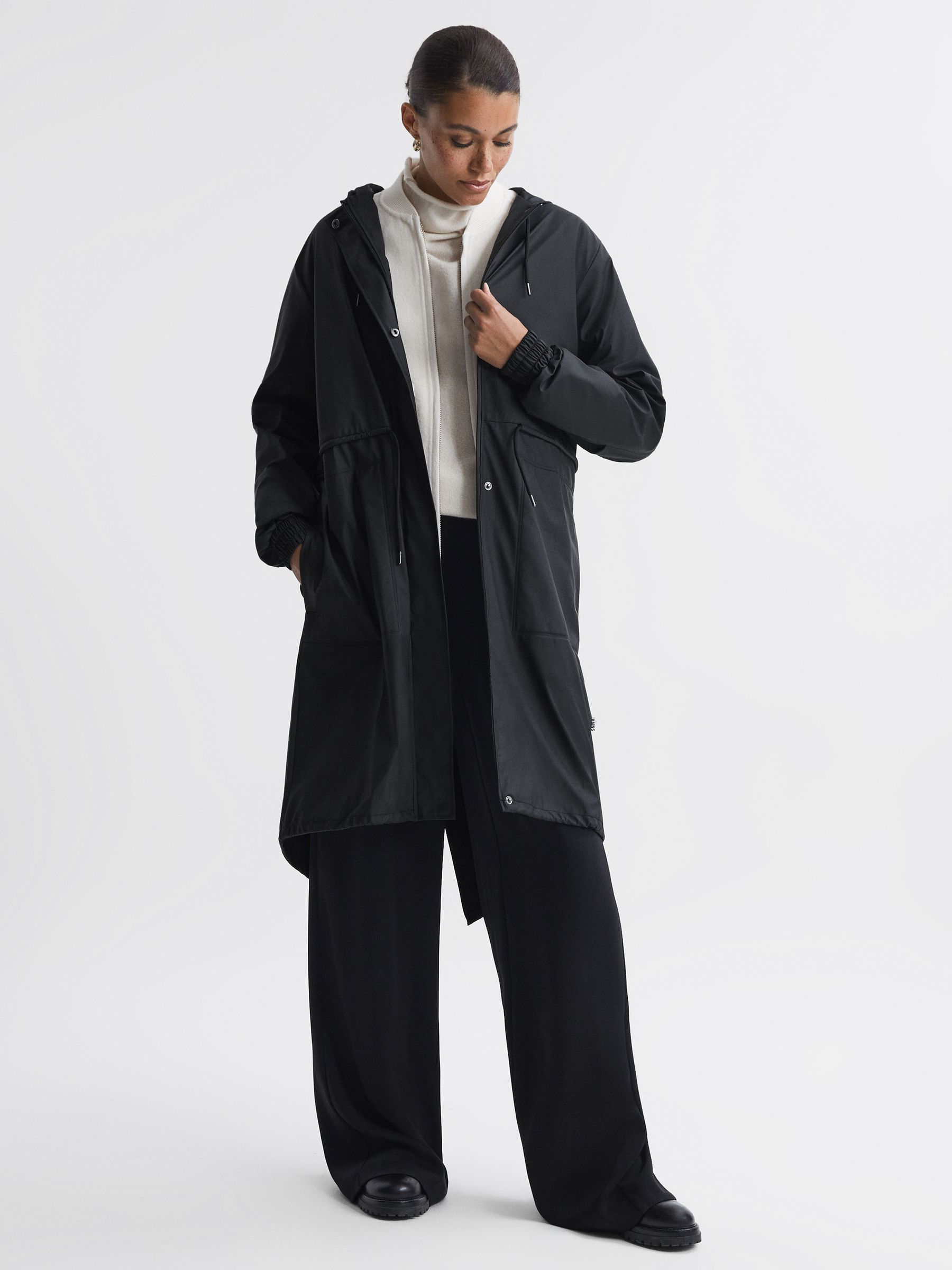 Rains Drawstring Parka Raincoat in Black - Image 1 of 6