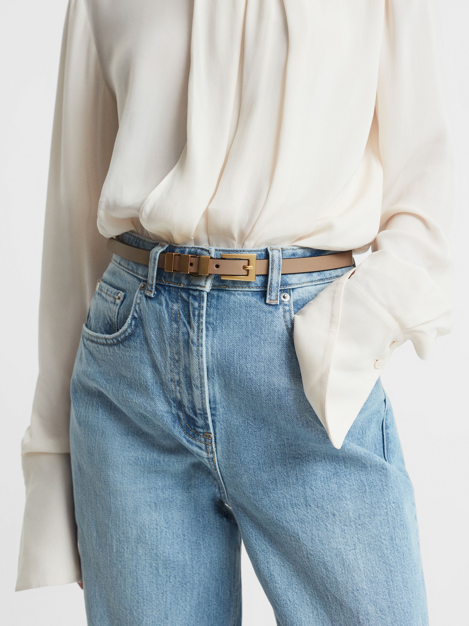 Leather Thin Buckle Belt in Nude - Image 2 of 4