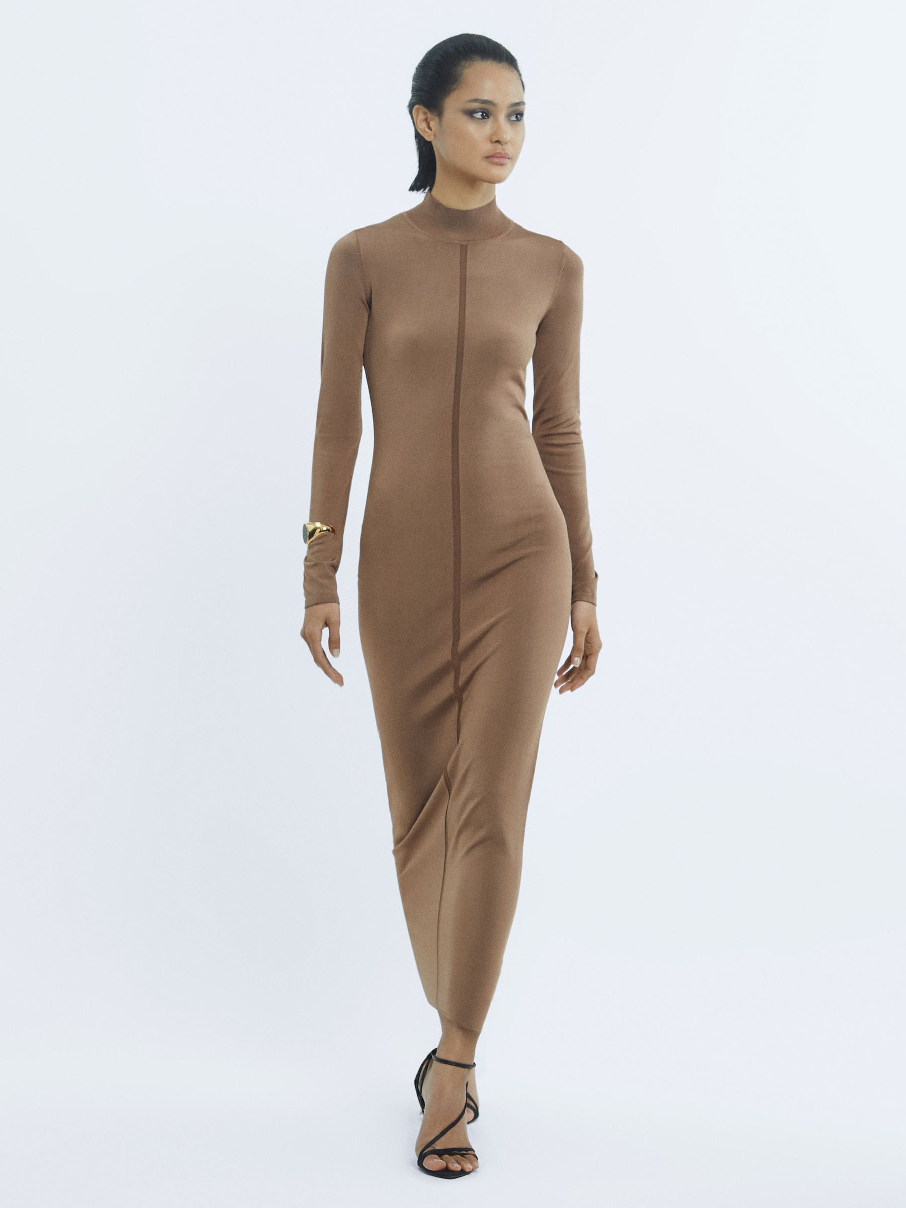 High Neck Long Sleeve Dress in Camel - Image 4 of 6