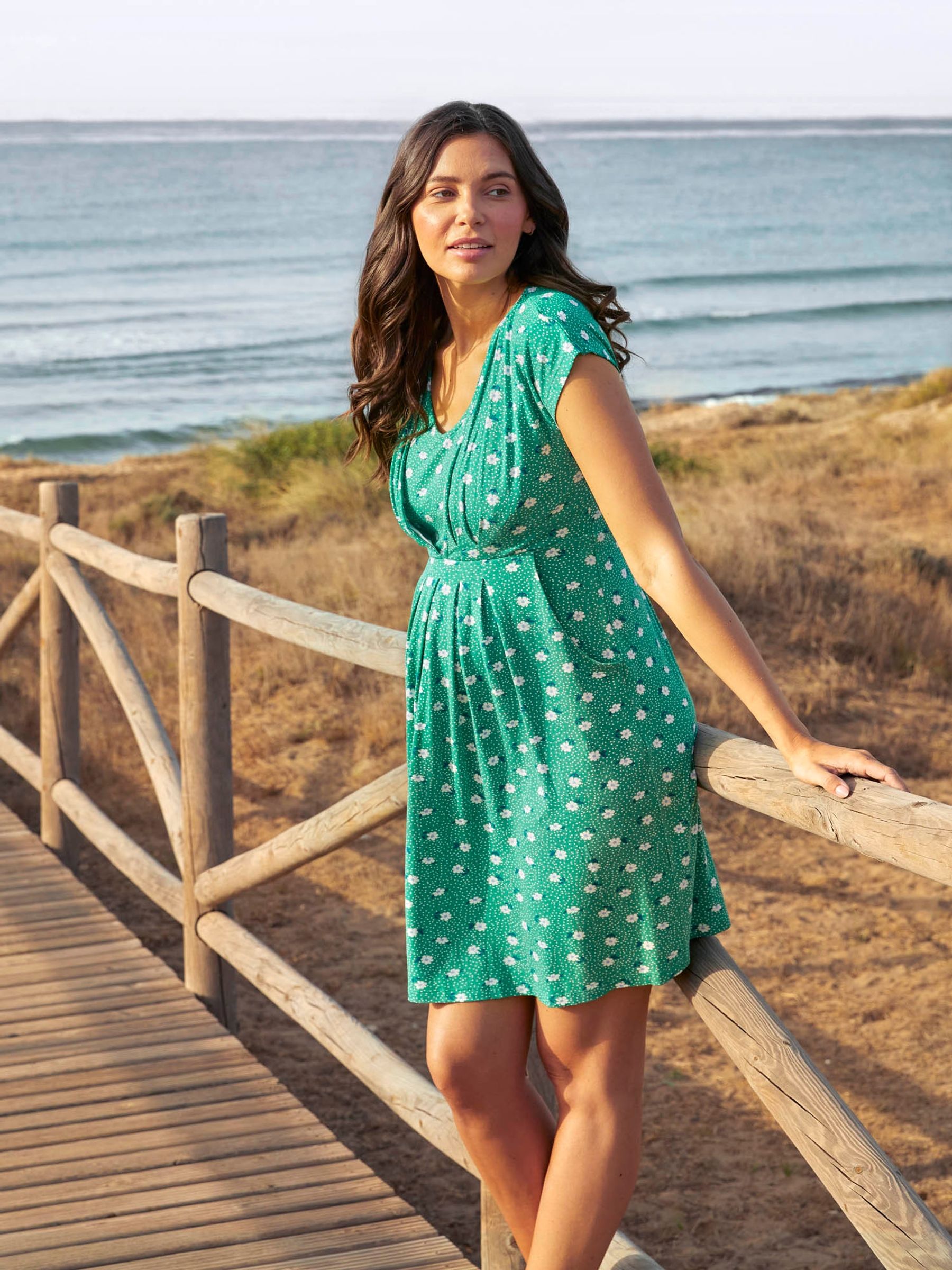 Green Floral Pleated Maternity & Nursing Tunic Dress - Image 4 of 4
