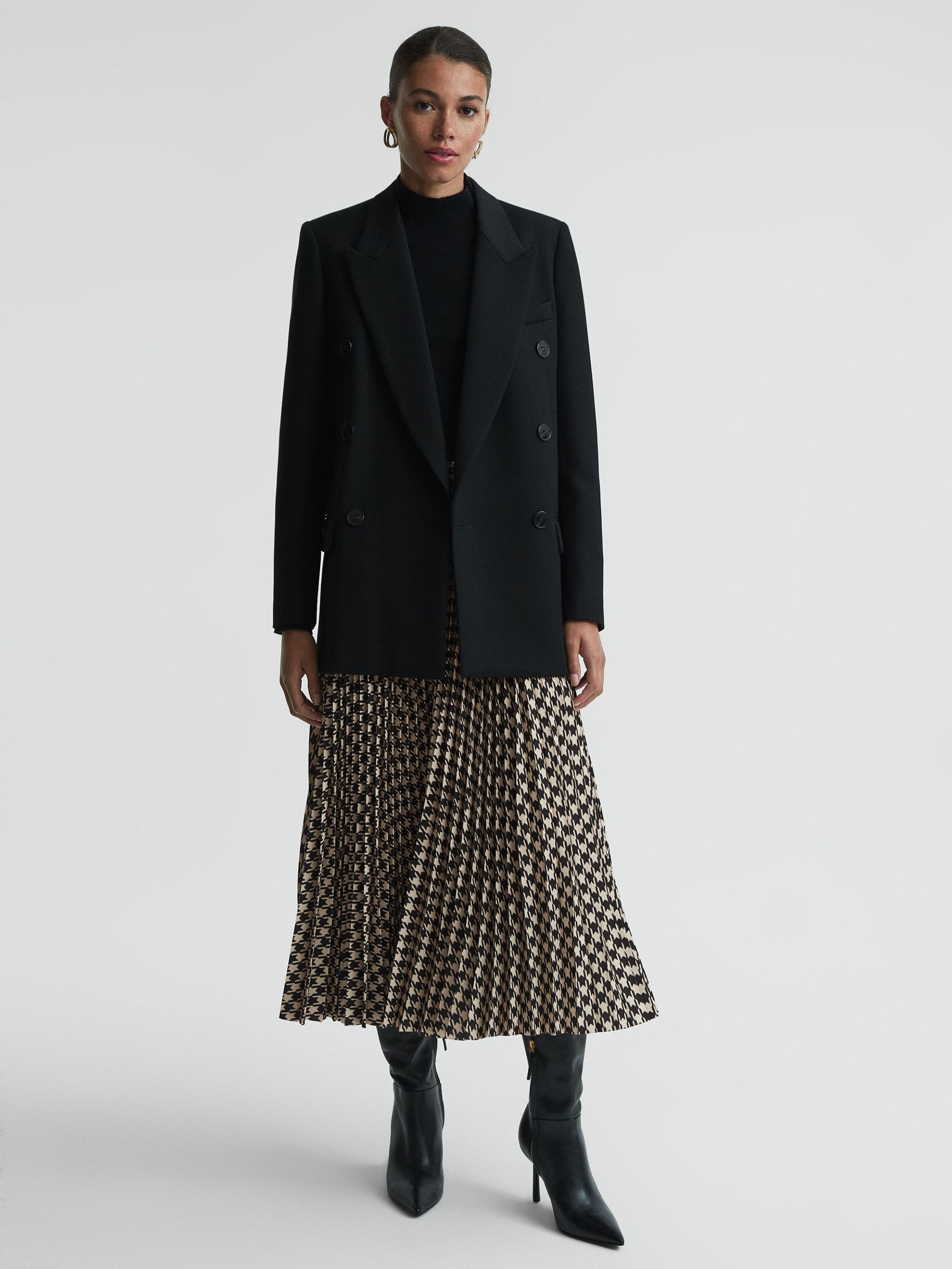 Pleated Dogtooth Midi Skirt in Black/White - Image 1 of 4