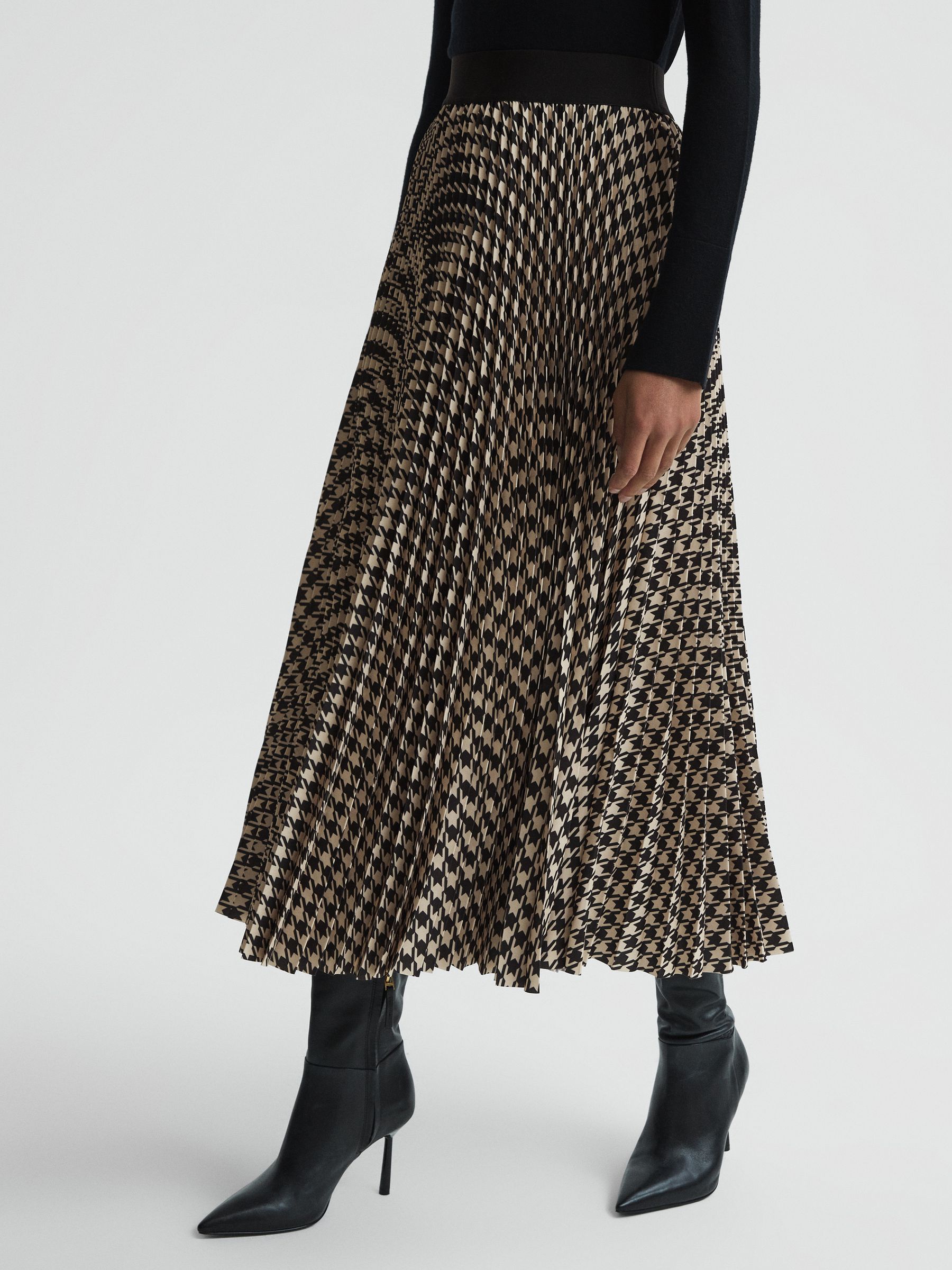 Pleated Dogtooth Midi Skirt in Black/White - Image 3 of 4