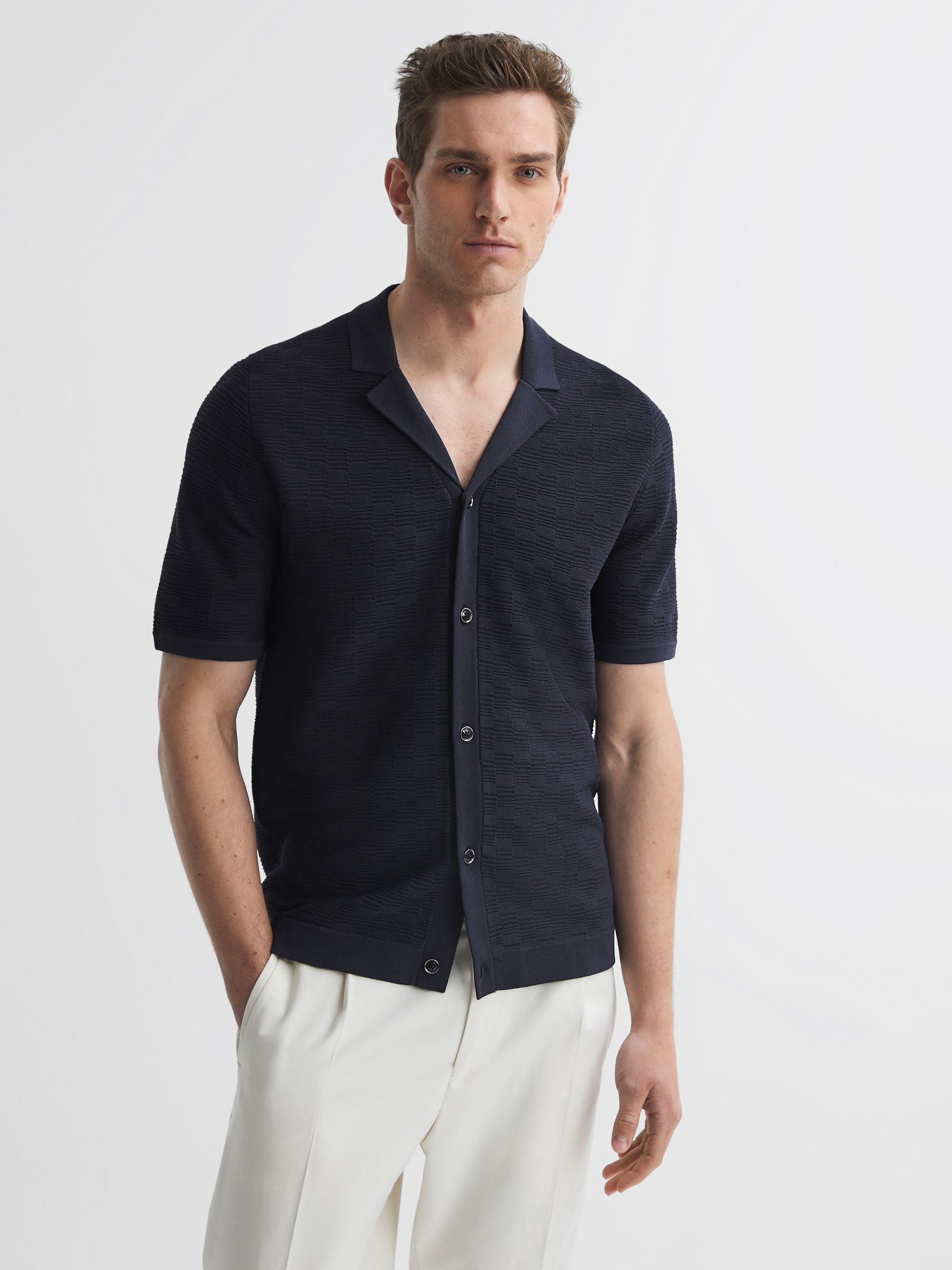 Textured Cuban Collar Button-Through Shirt in Navy - Image 1 of 5