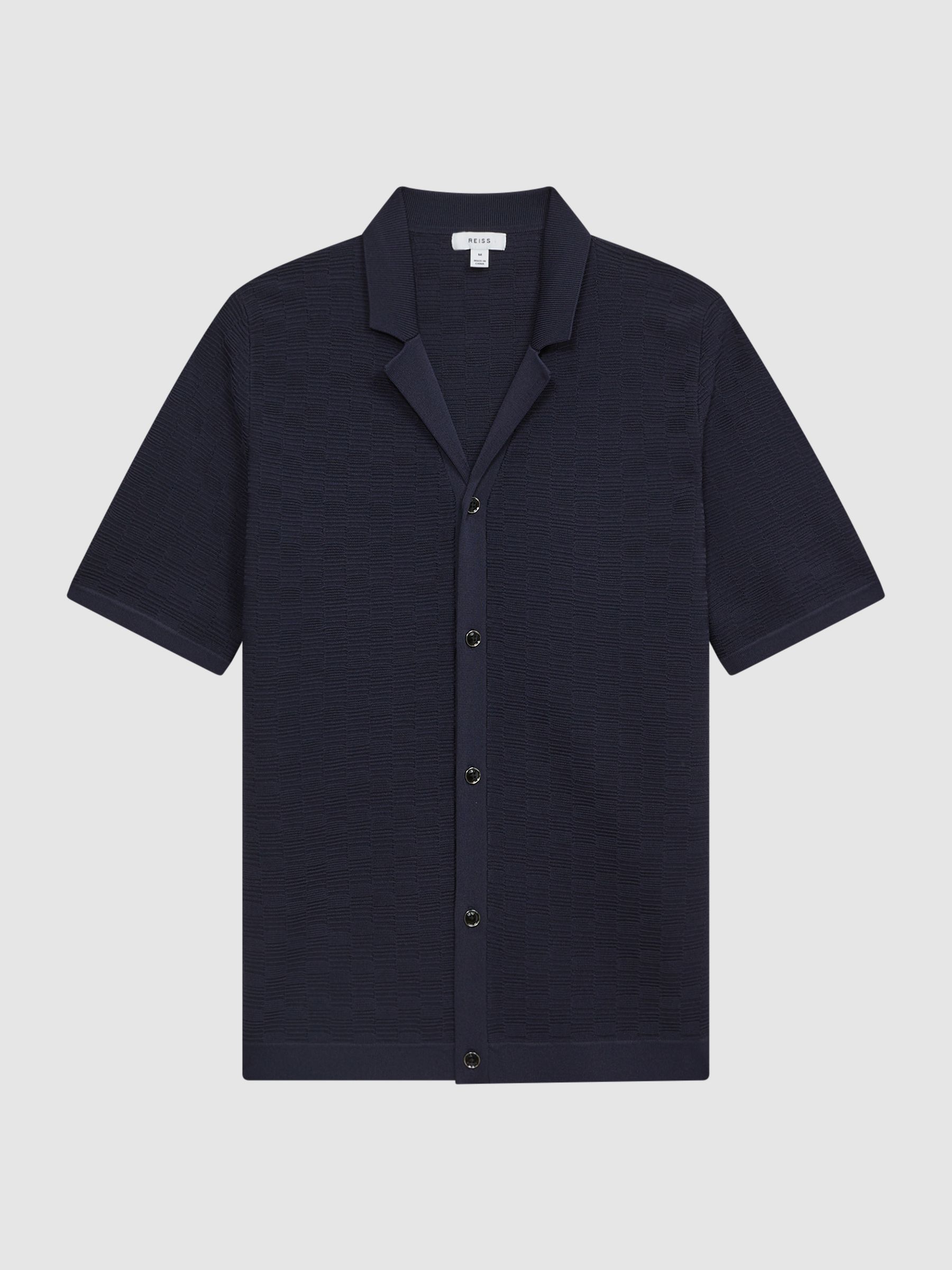 Textured Cuban Collar Button-Through Shirt in Navy - Image 2 of 5