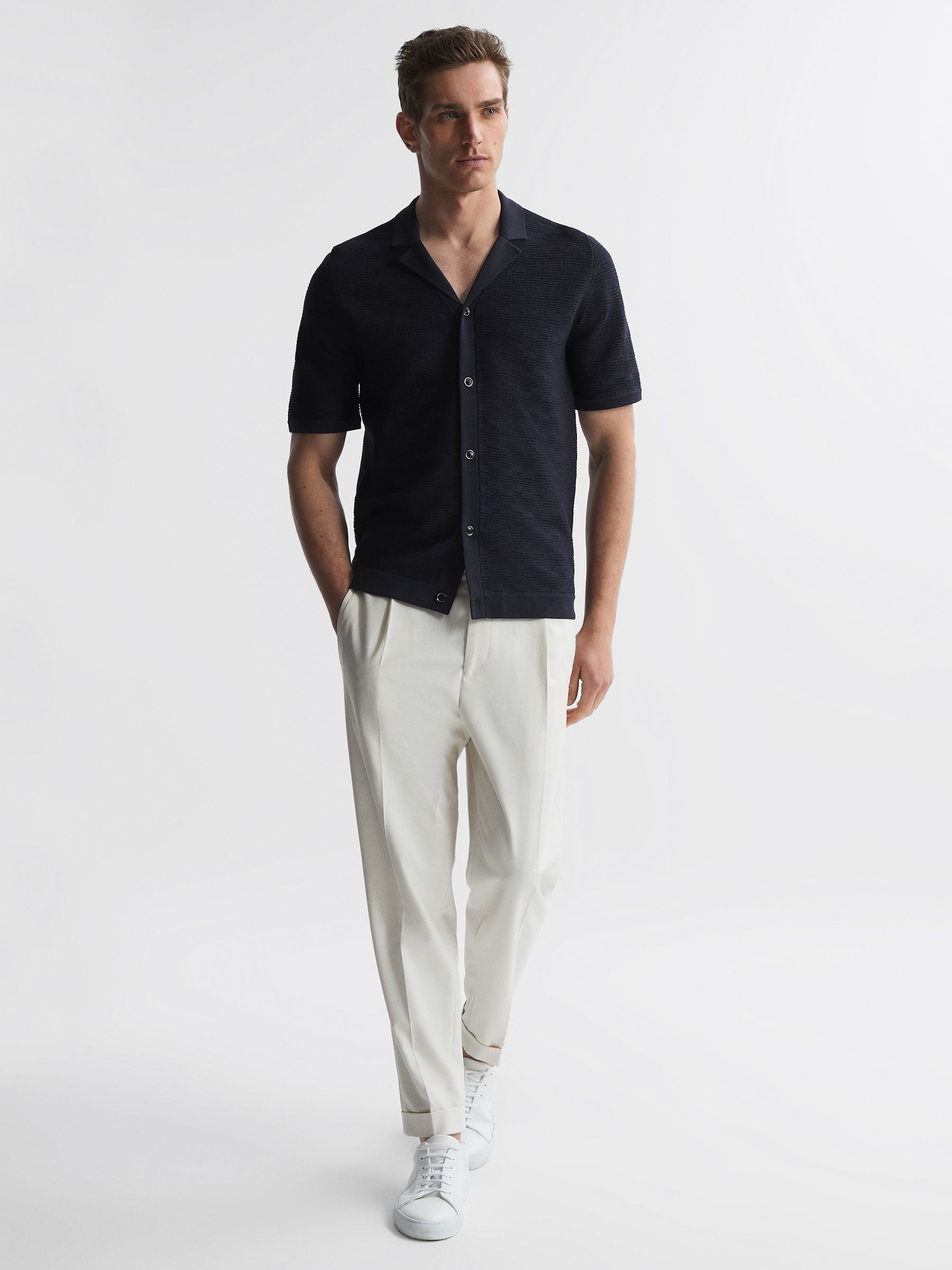 Textured Cuban Collar Button-Through Shirt in Navy - Image 3 of 5