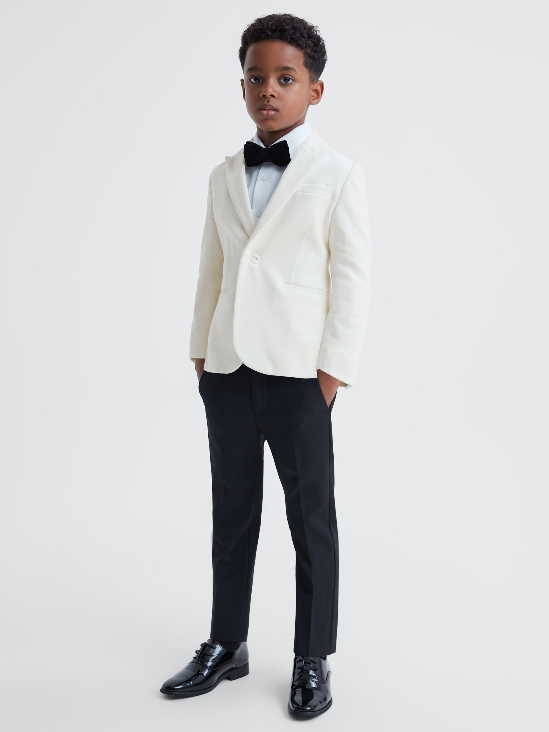 9-14 yrs Slim Fit Velvet Single Breasted Blazer in Ivory - Image 1 of 7