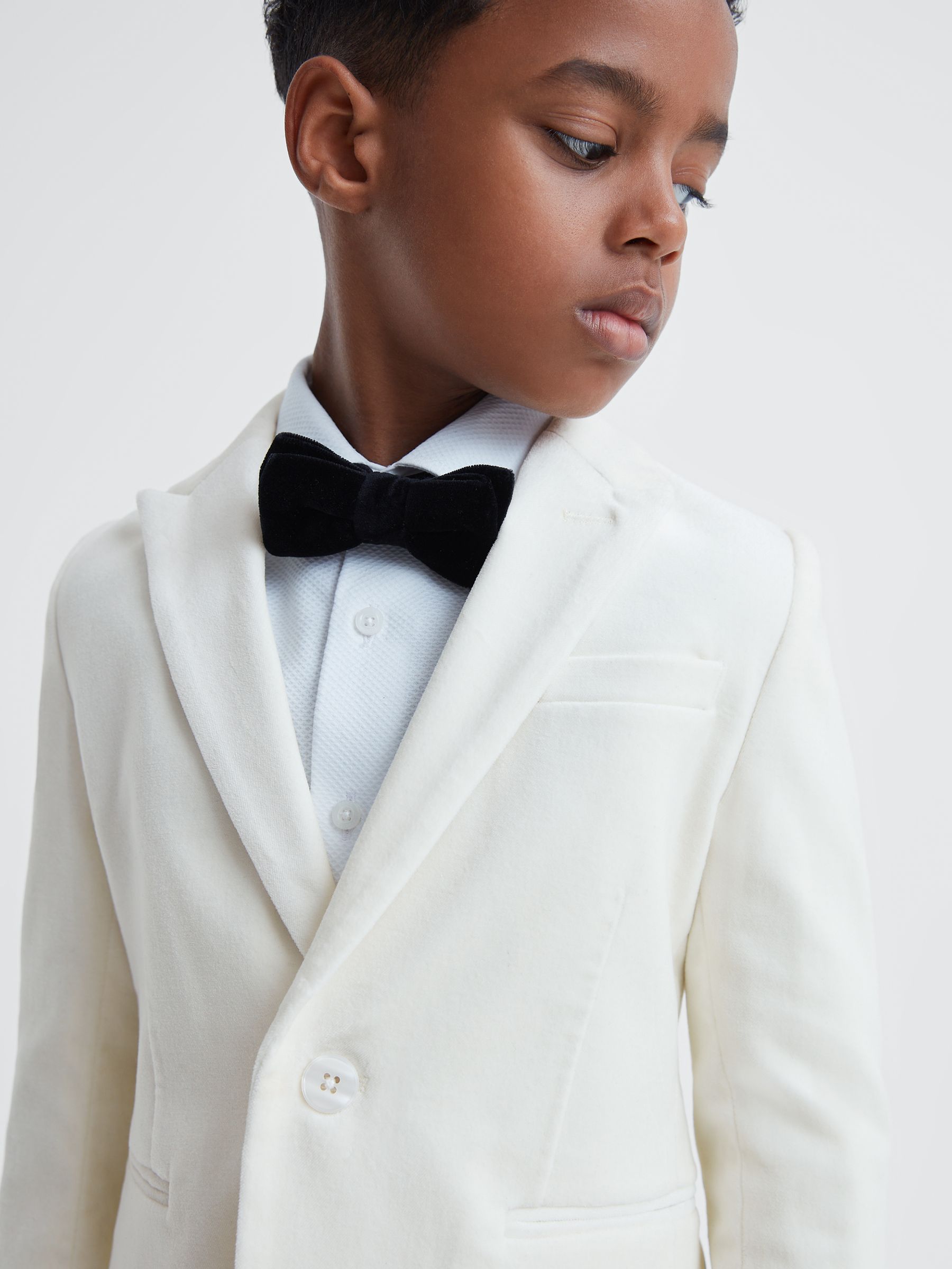 9-14 yrs Slim Fit Velvet Single Breasted Blazer in Ivory - Image 3 of 7
