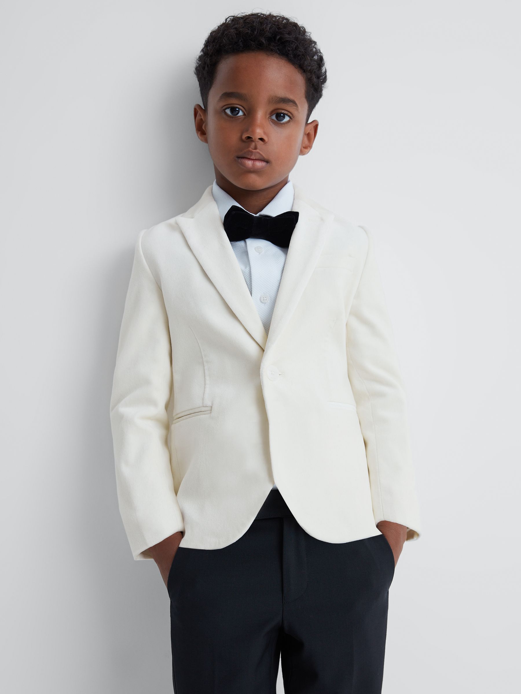 9-14 yrs Slim Fit Velvet Single Breasted Blazer in Ivory - Image 6 of 7