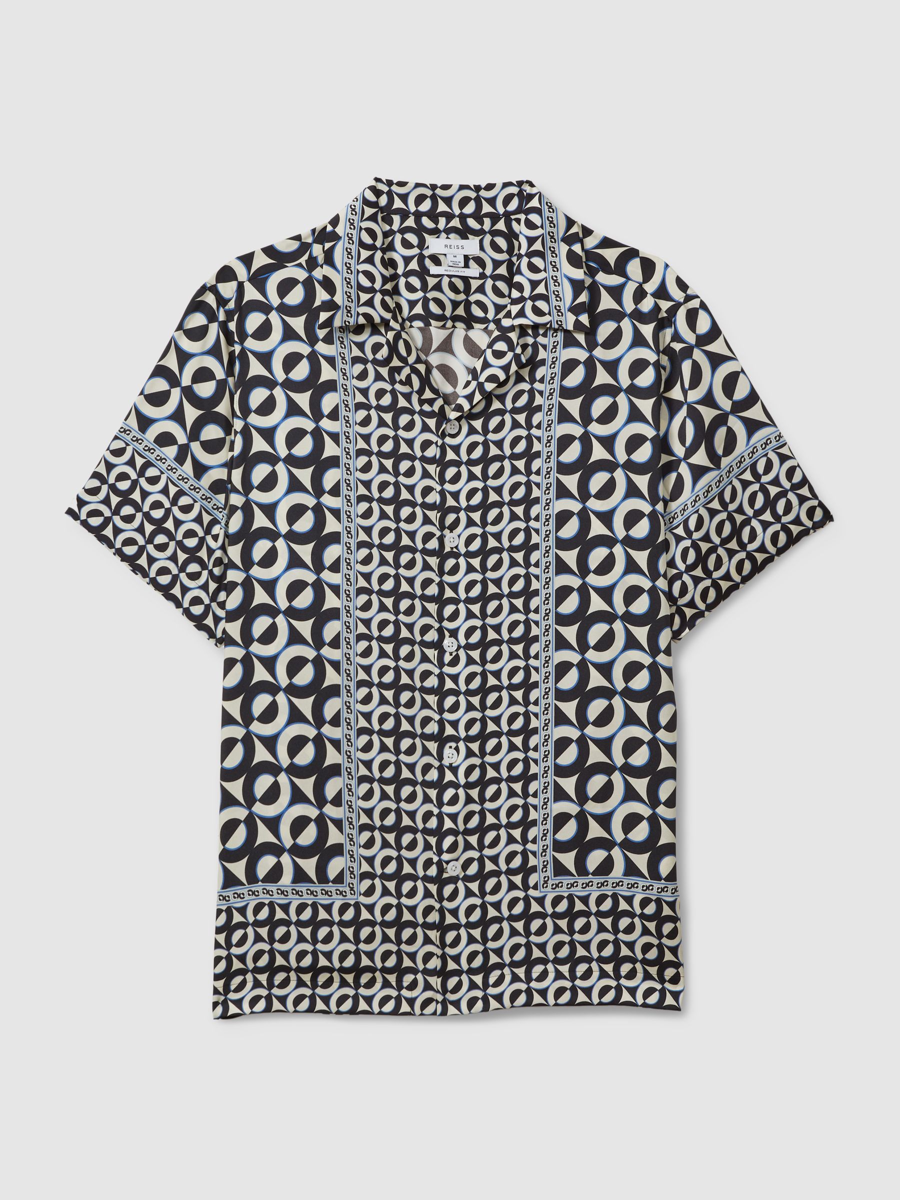 Geometric Print Cuban Collar Shirt in Lapis Blue - Image 2 of 6