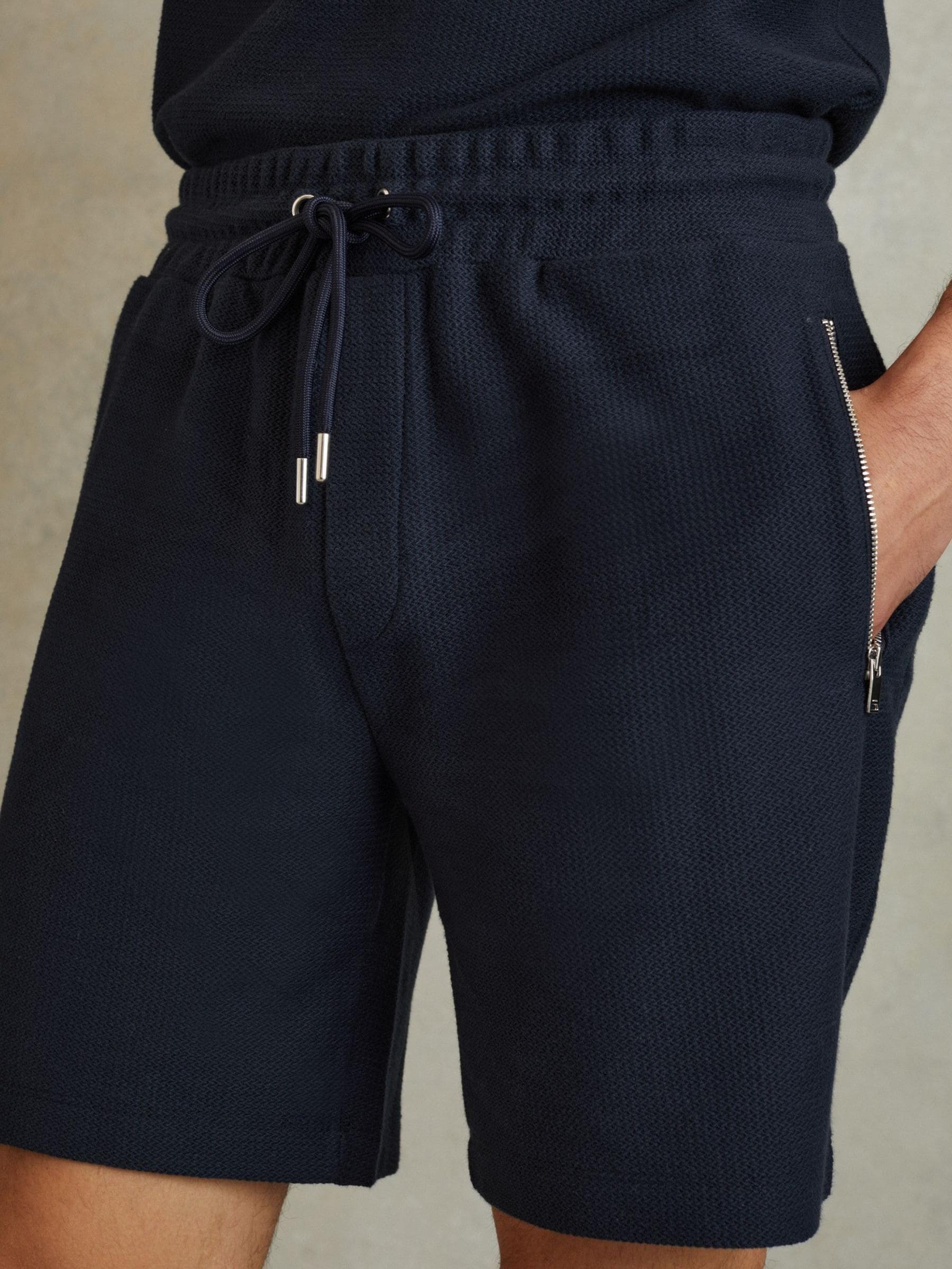 Textured Cotton Drawstring Shorts in Navy - Image 3 of 6