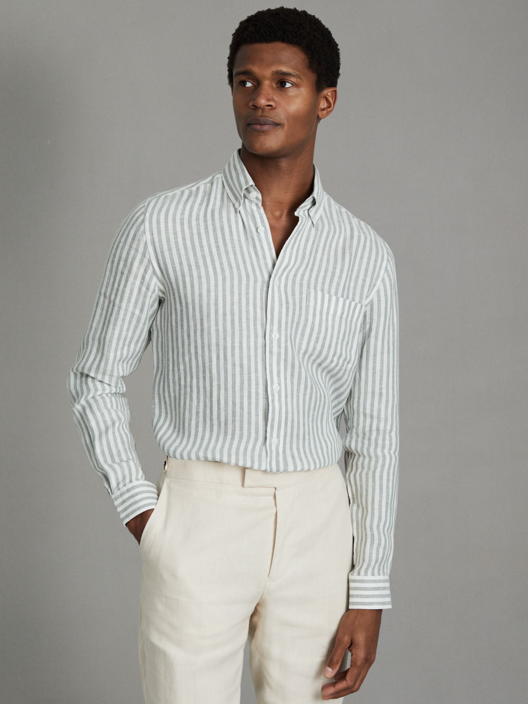 Queens Sage Bengal Stripe 100% Linen Button-Down Collar Shirt - Image 1 of 6